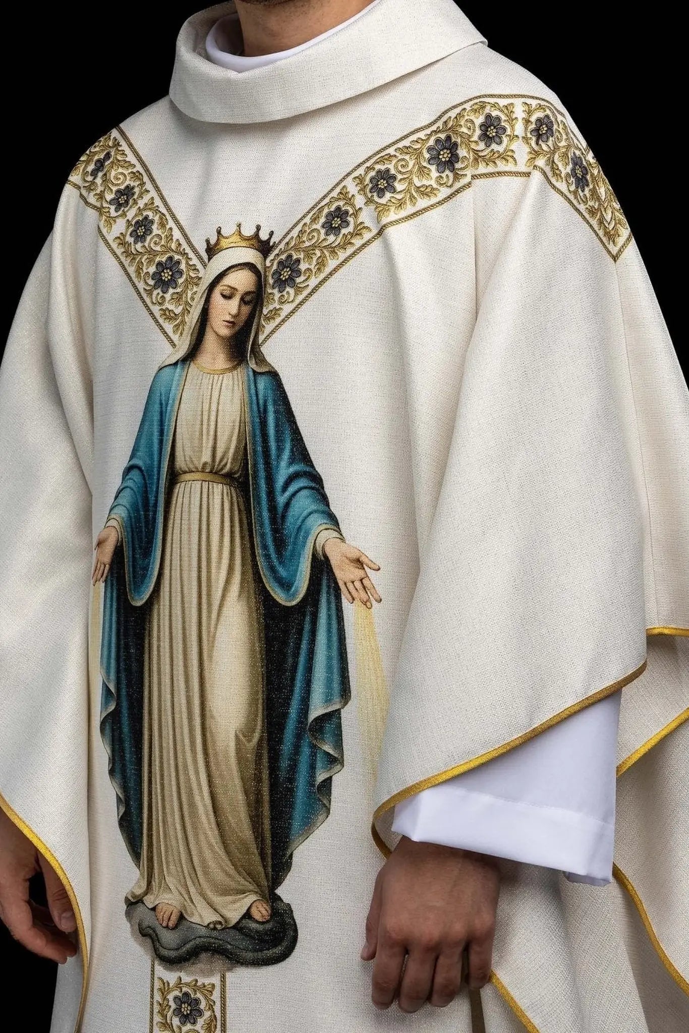 Ecru chasuble with printed image of the Immaculate Conception