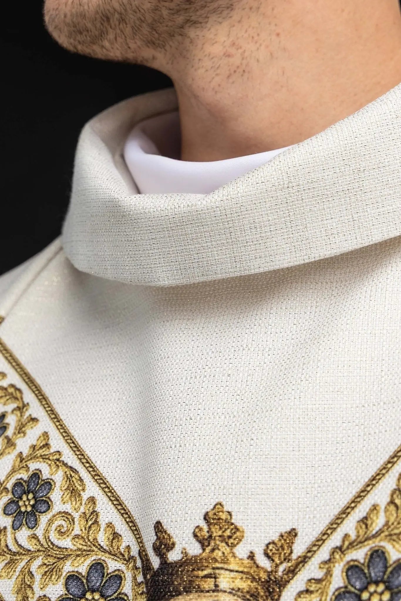 Ecru chasuble with printed image of Our Lady of the Scapular