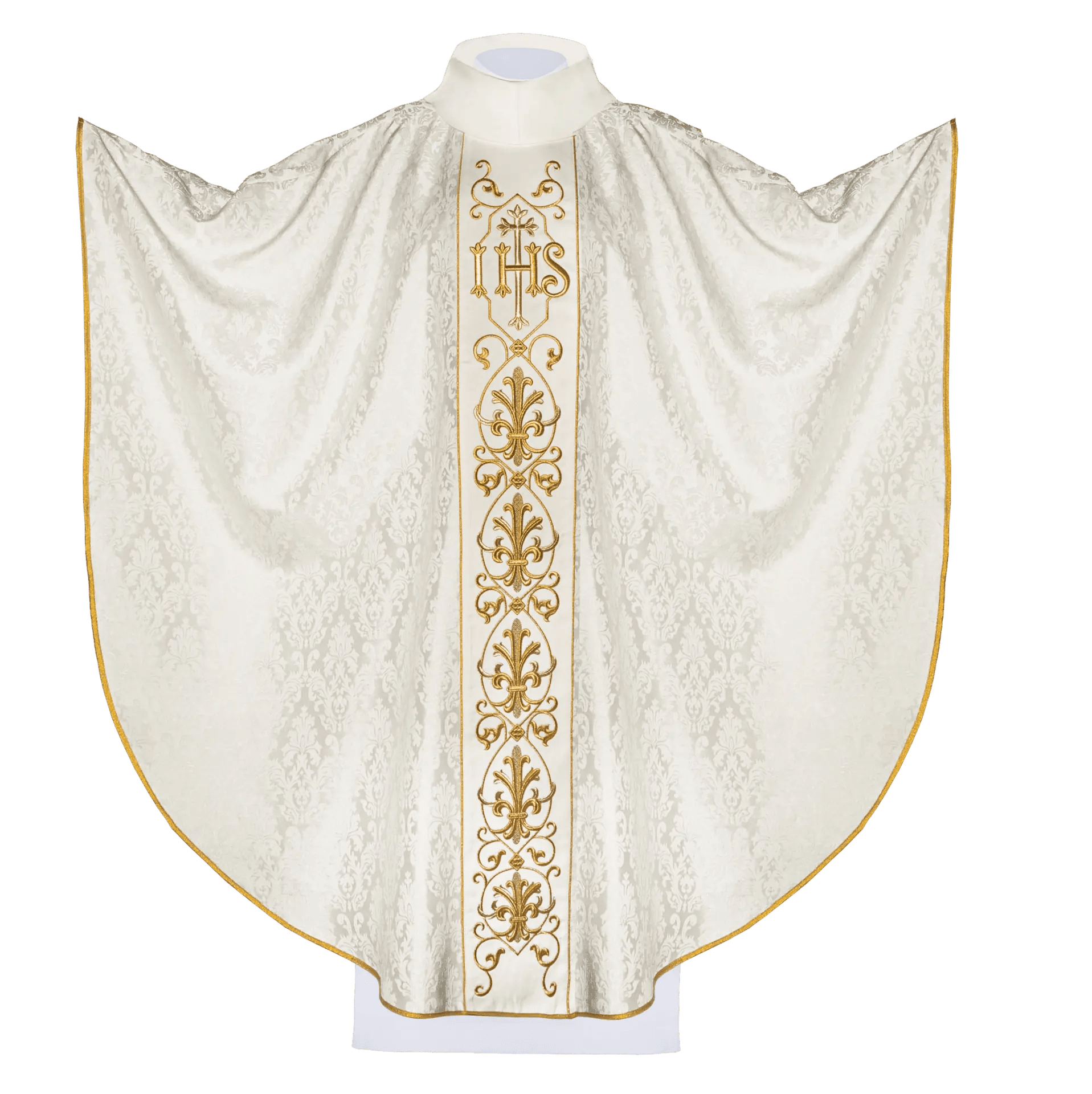 Chasuble écrue brodée sur tissu décoratif avec symbole IHS