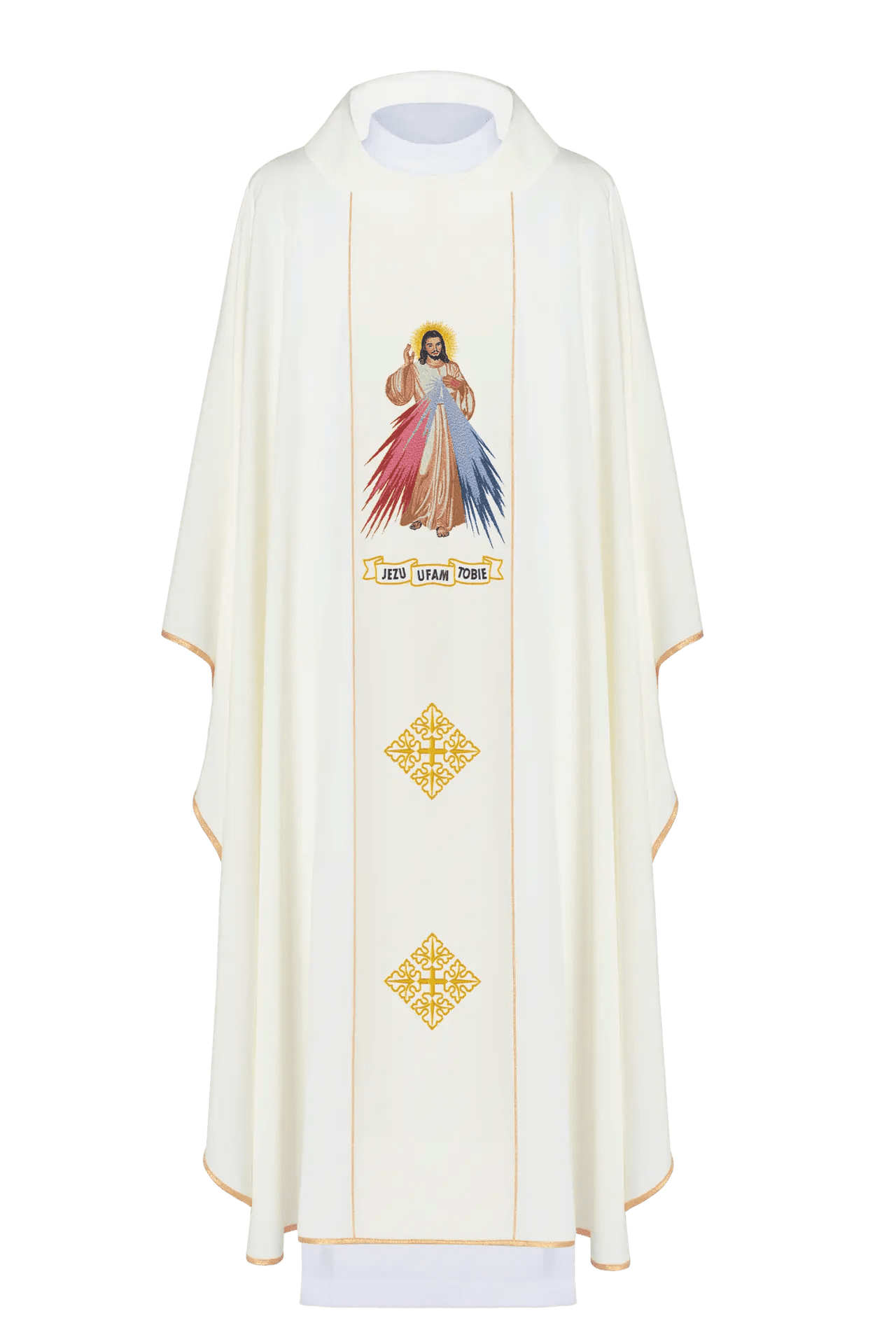 Chasuble brodée de Jésus Miséricordieux et IHS écru