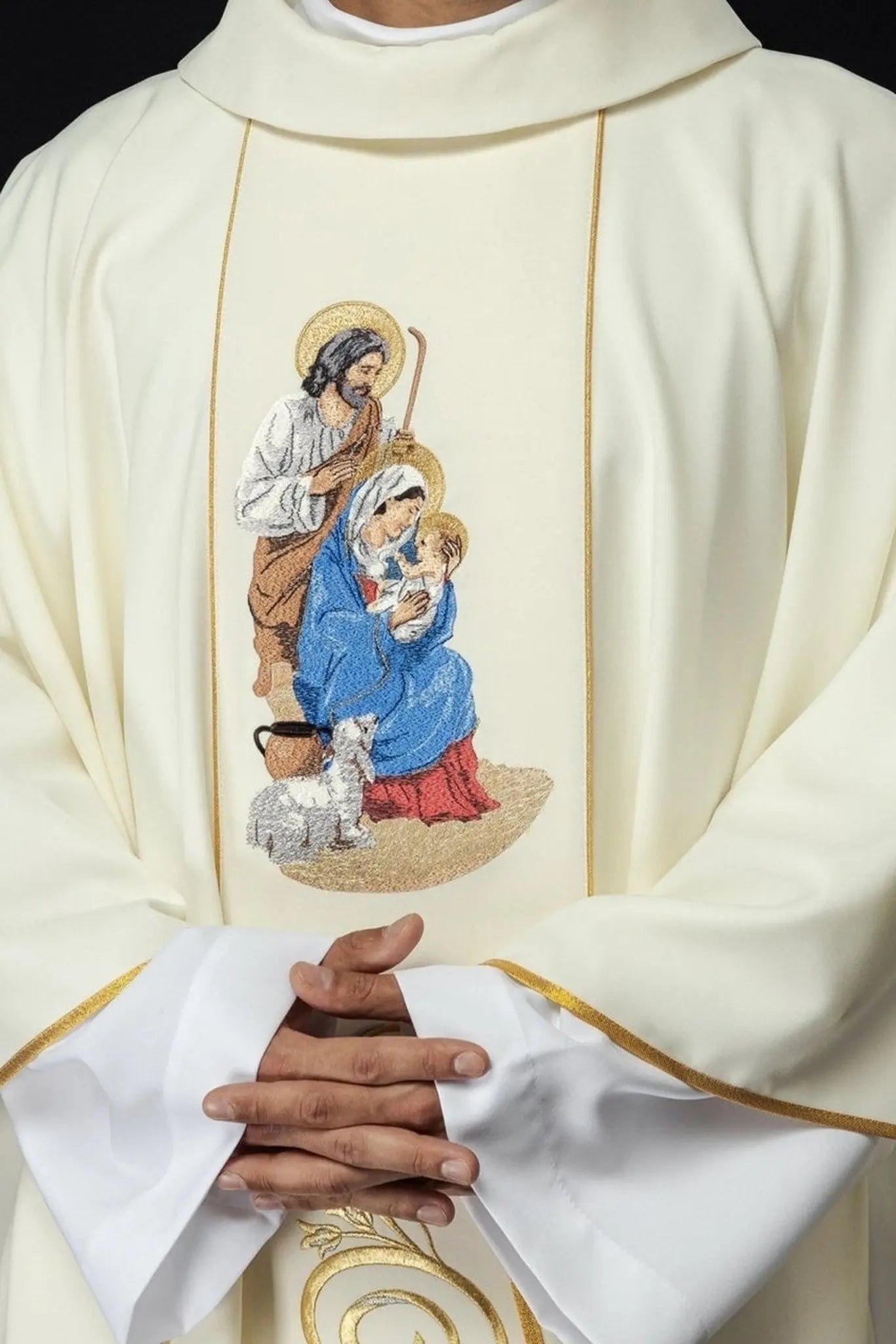 Chasuble brodée avec l'image de la Sainte Famille pour Noël