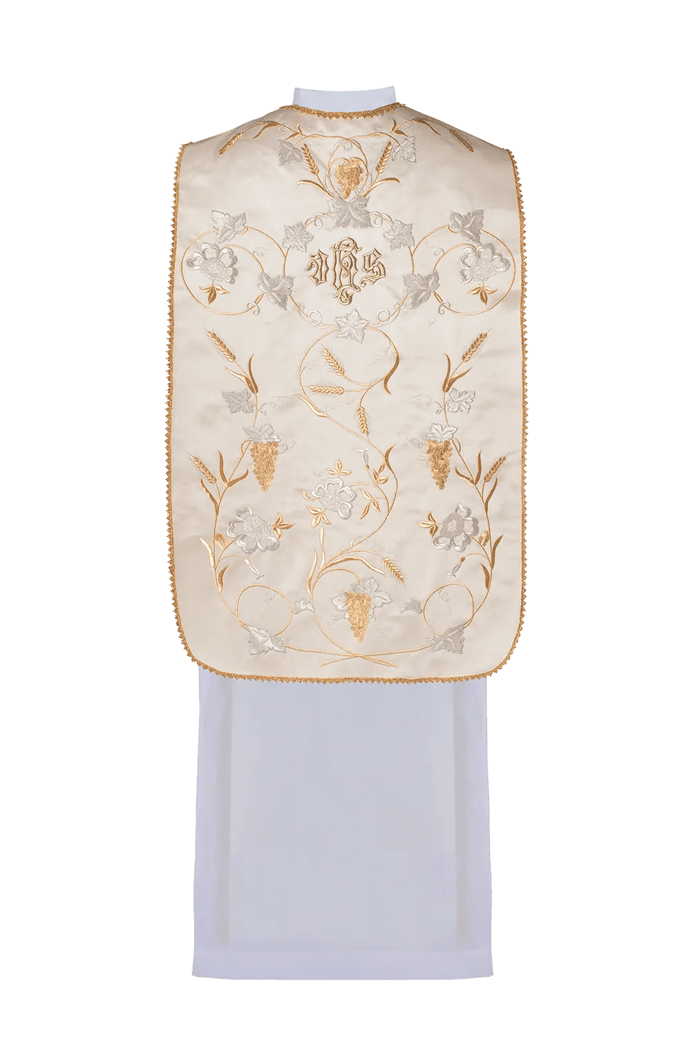 Chasuble romaine IHS avec motif d'oreilles et de raisins