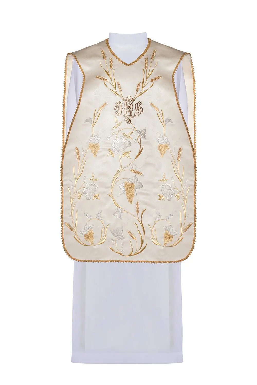 Chasuble romaine IHS avec motif d'oreilles et de raisins
