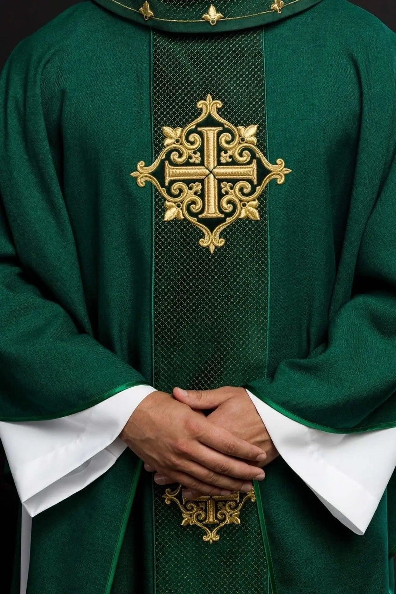Chasuble avec ceinture en velours vert et broderie de croix
