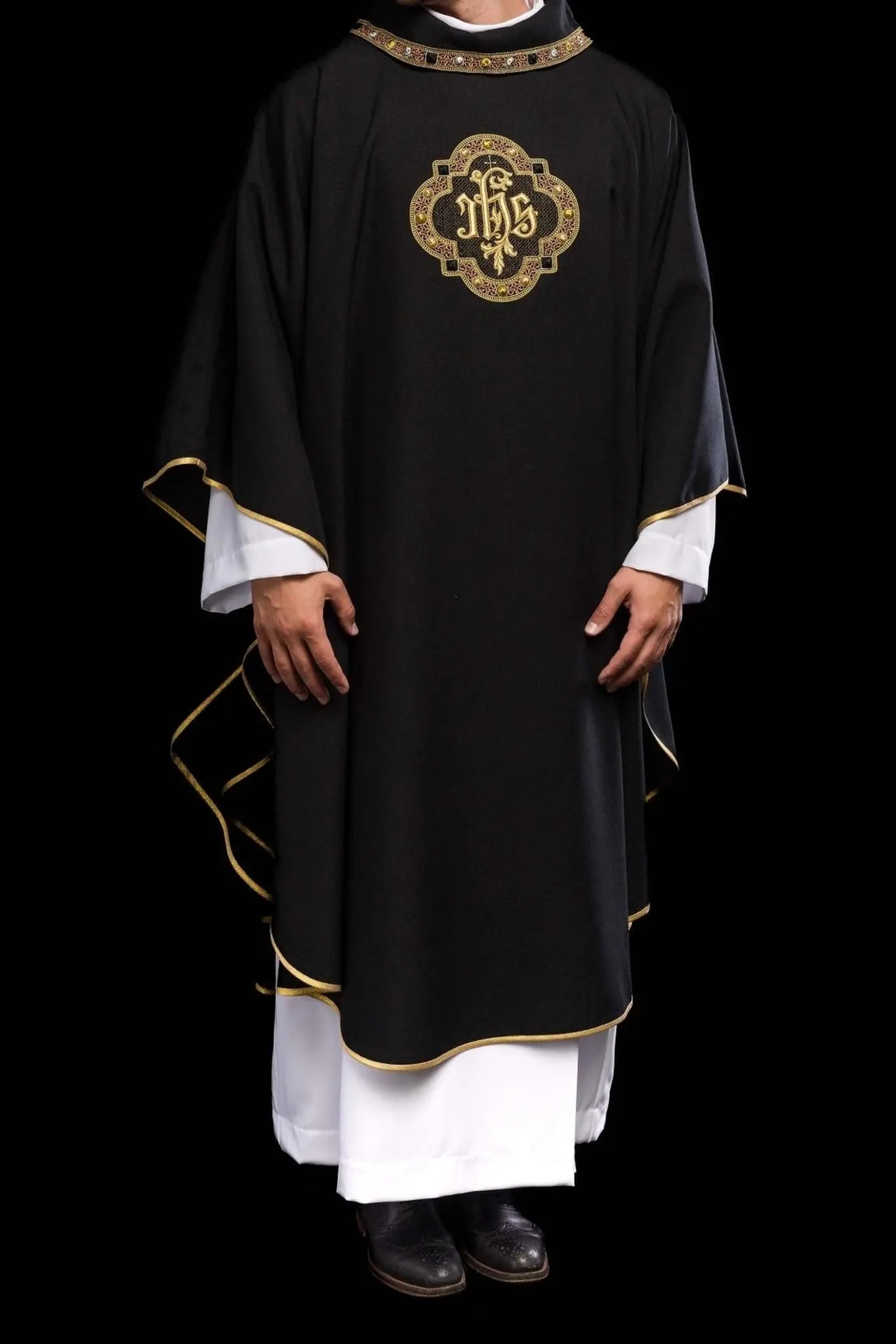 Chasuble with Richly Embroidered Band and Trim Featuring IHS, with Black Collar