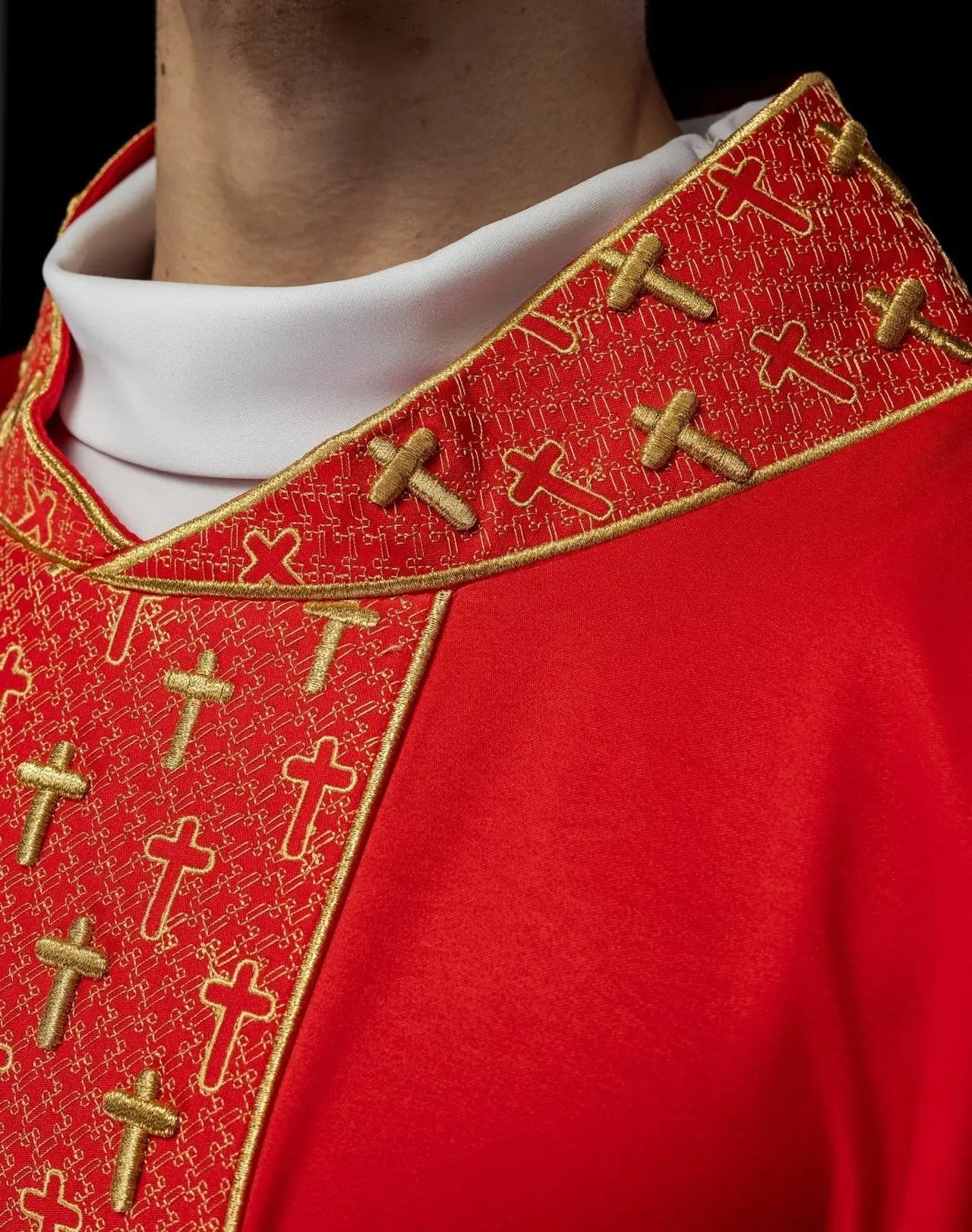 Chasuble with richly embroidered belt with crosses in red color