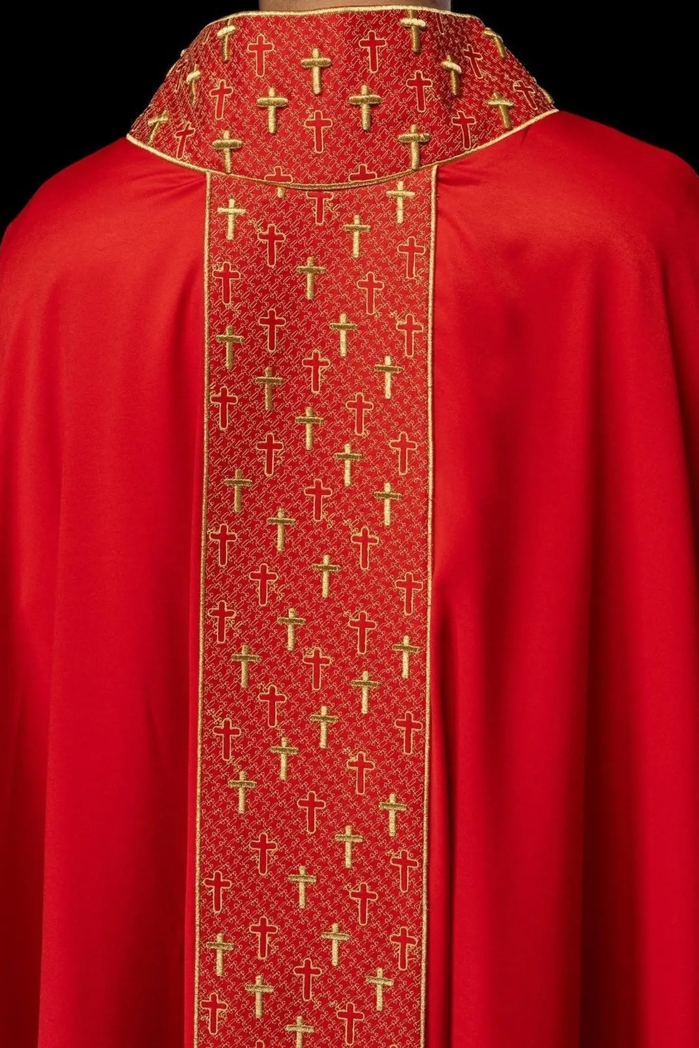Chasuble with richly embroidered belt with crosses in red color