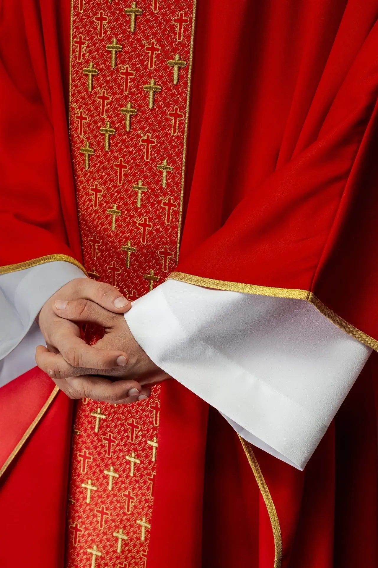 Chasuble with richly embroidered belt with crosses in red color