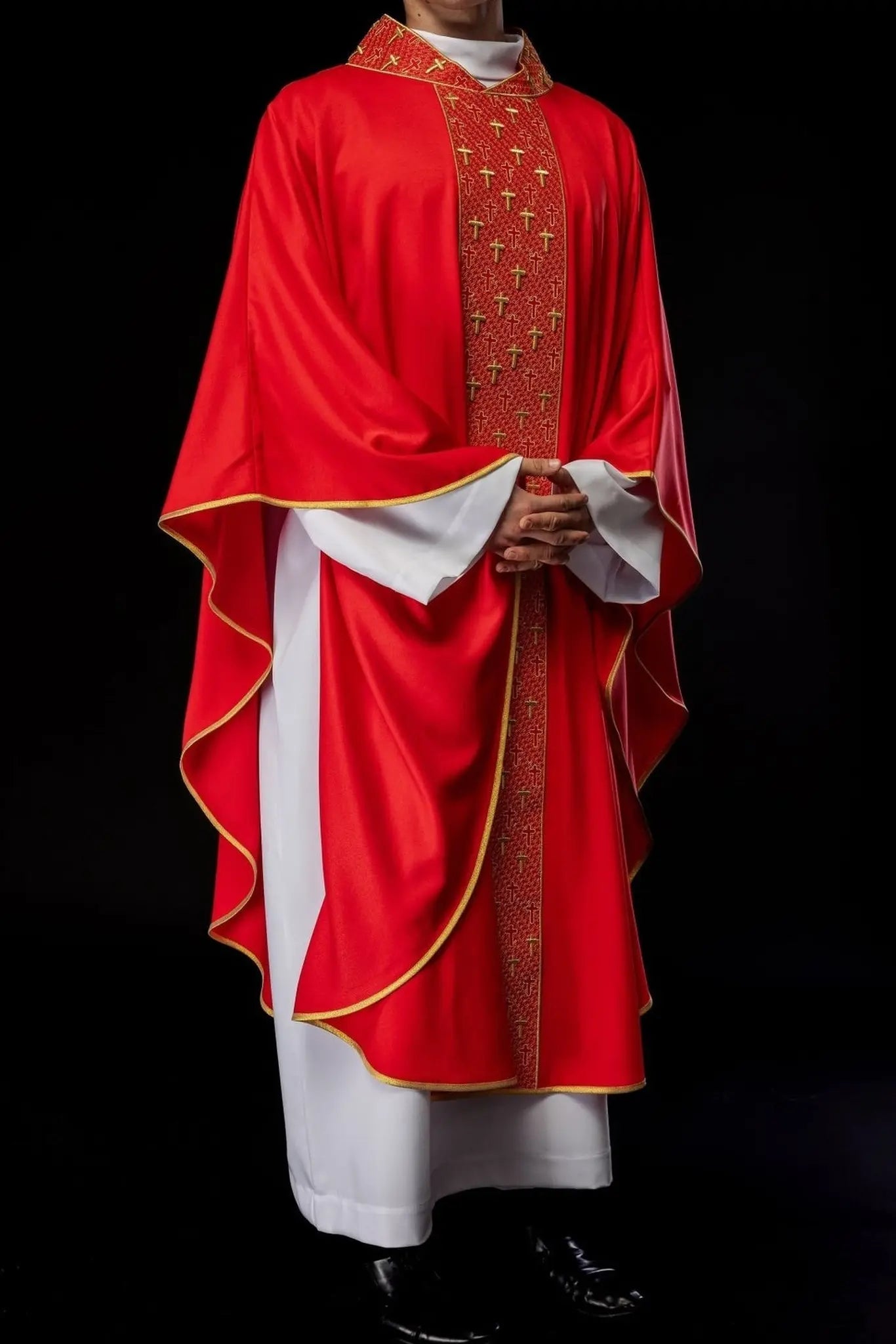 Chasuble with richly embroidered belt with crosses in red color