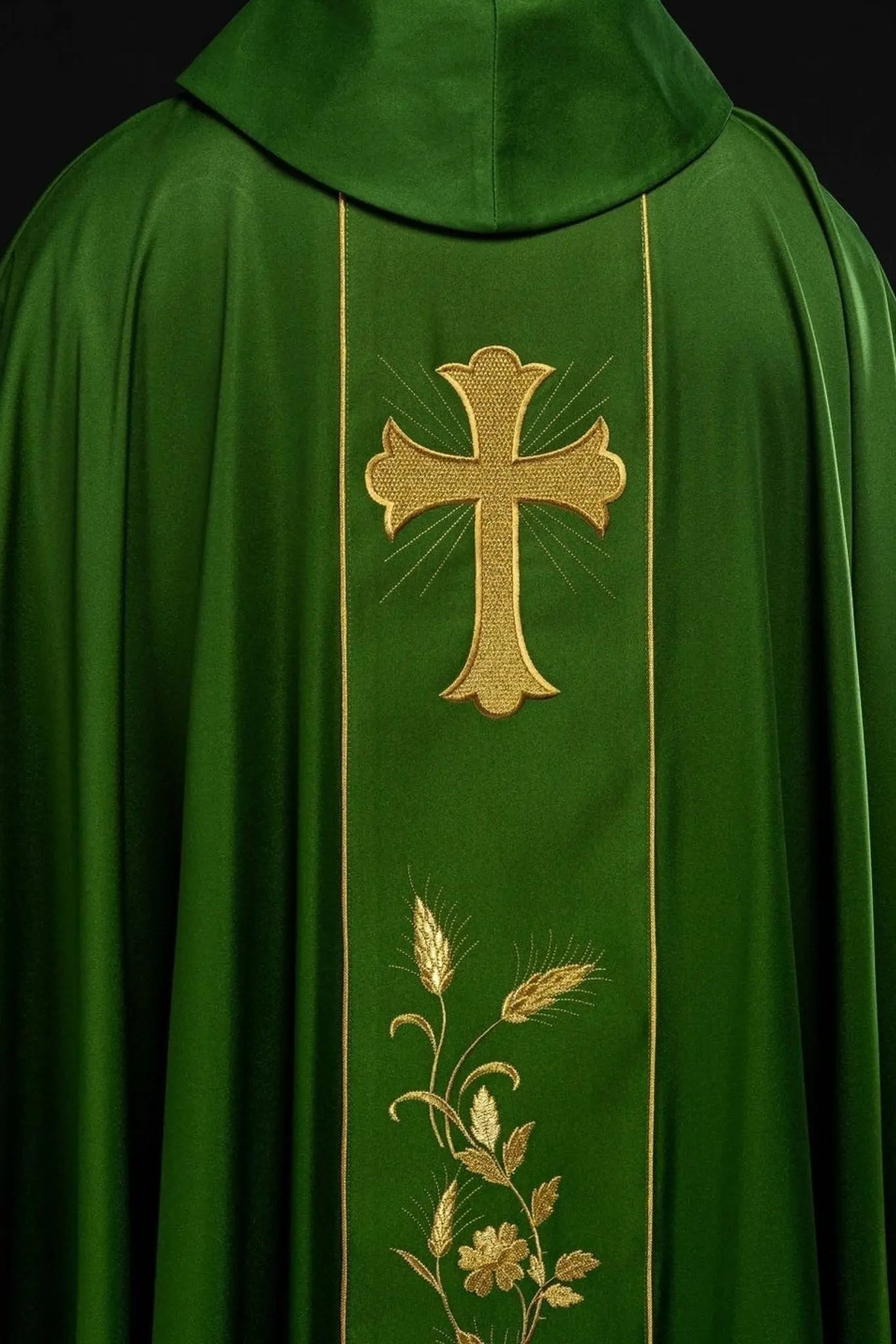 Chasuble verte avec croix brodée et motif de blé