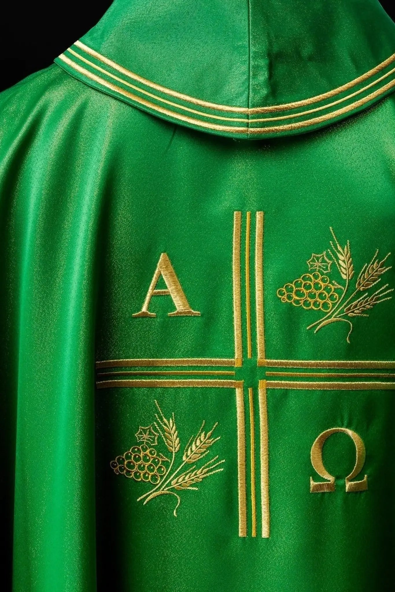 Chasuble avec croix brodée, motifs Alpha et Oméga et oreilles en vert