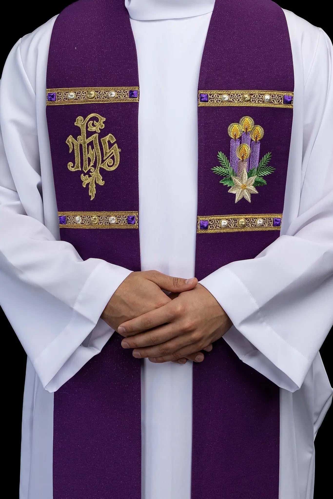 Purple Advent Stole with IHS and Advent Candle Embroidery - HAFTINA ATELIER