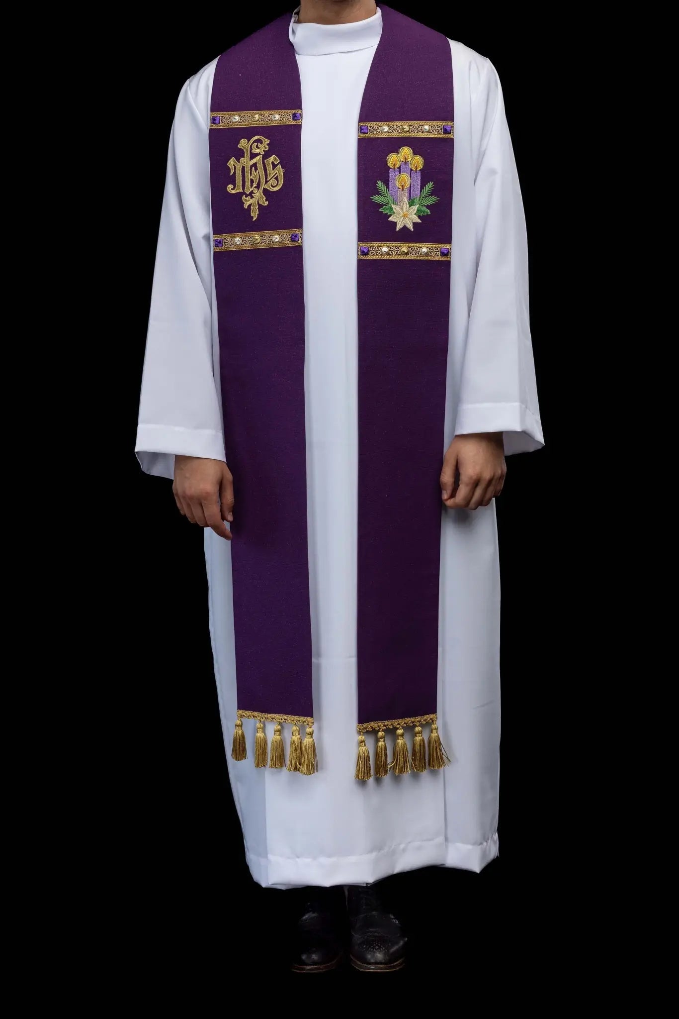 Purple Advent Stole with IHS and Advent Candle Embroidery - HAFTINA ATELIER