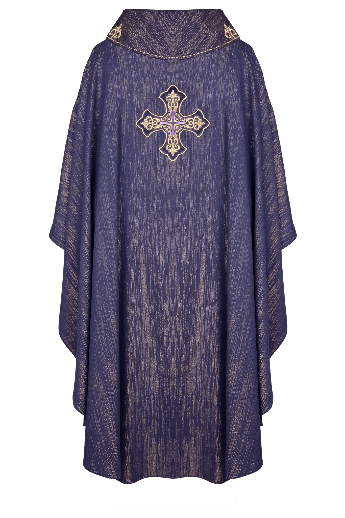 Purple chasuble with embroidered cross motif on decorative fabric - HAFTINA ATELIER