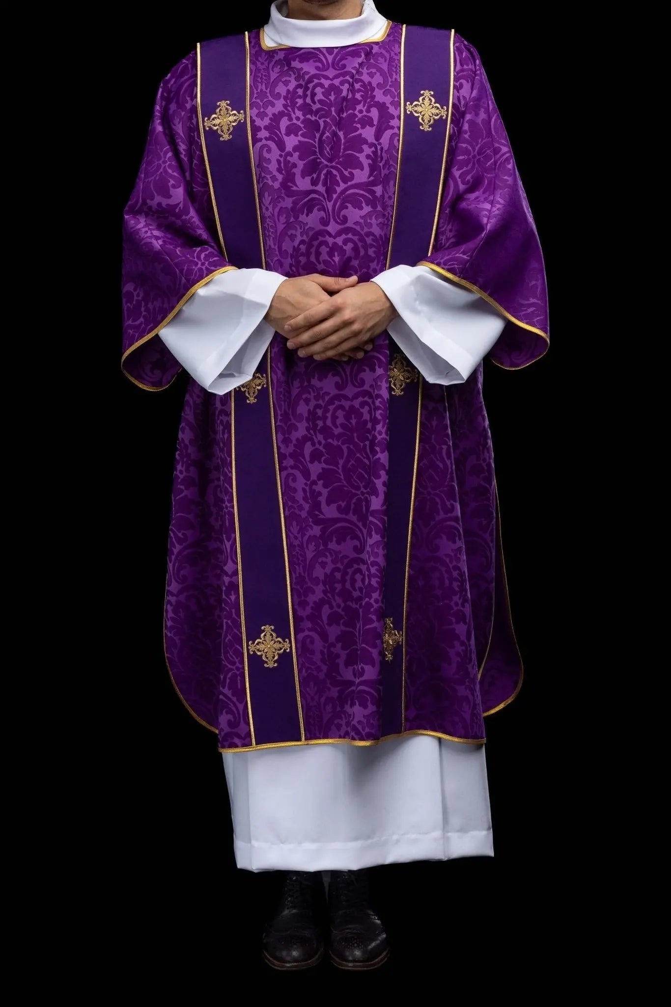 Purple Jacquard Dalmatic with Gold Cross Embroidery - HAFTINA ATELIER