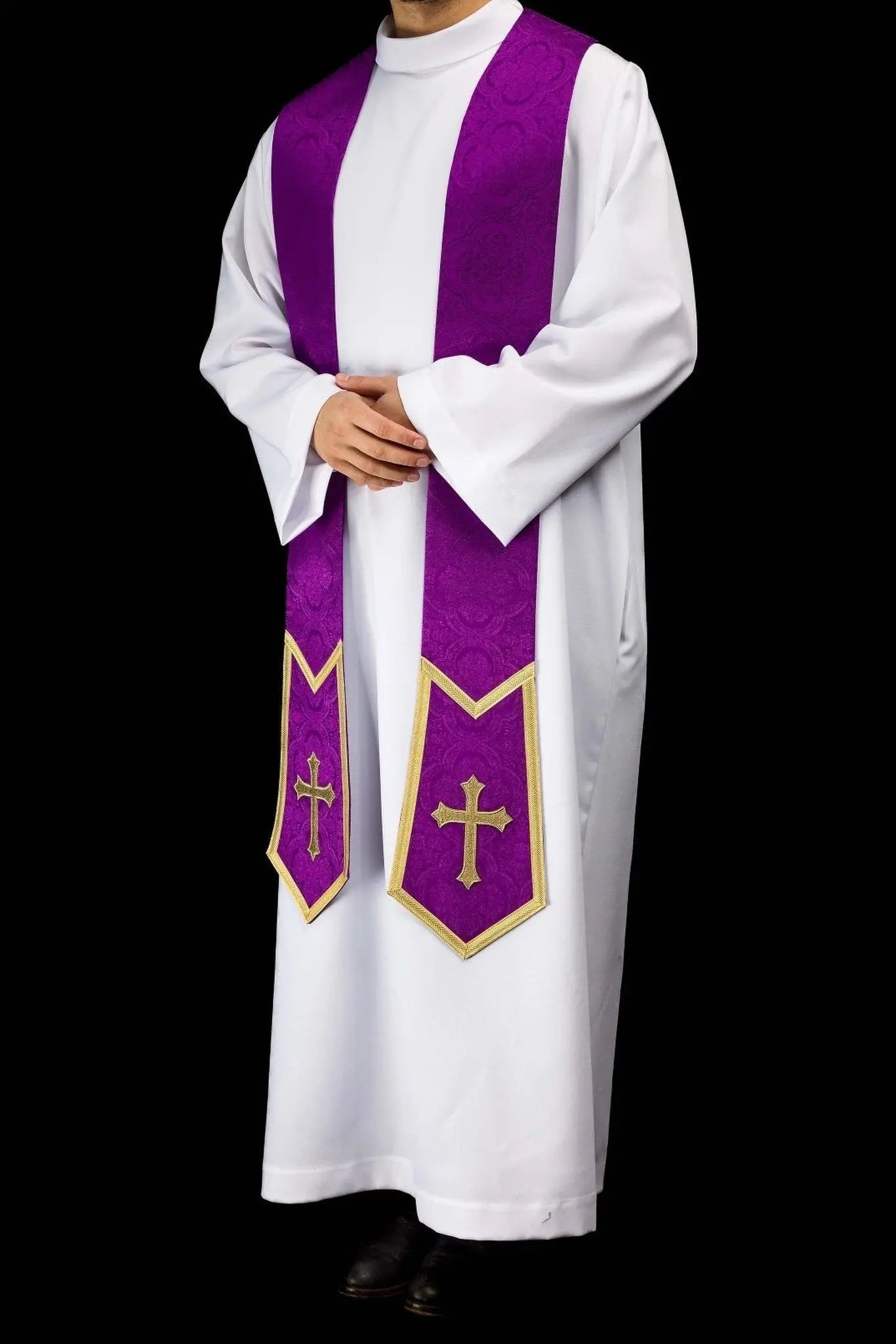 Purple Jacquard Stole with Embroidered Cross - HAFTINA ATELIER