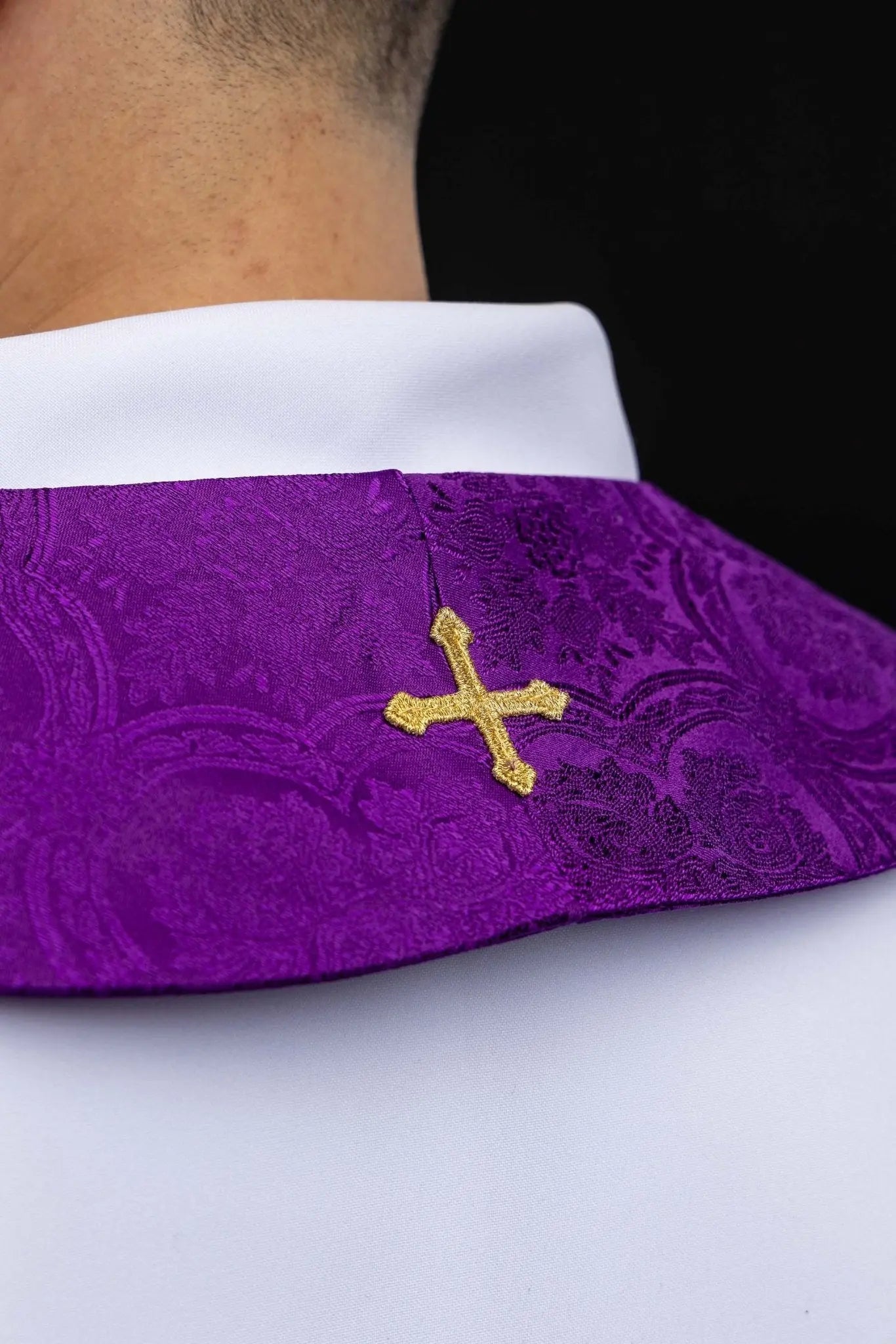 Purple Jacquard Stole with Embroidered Cross Motif - HAFTINA ATELIER