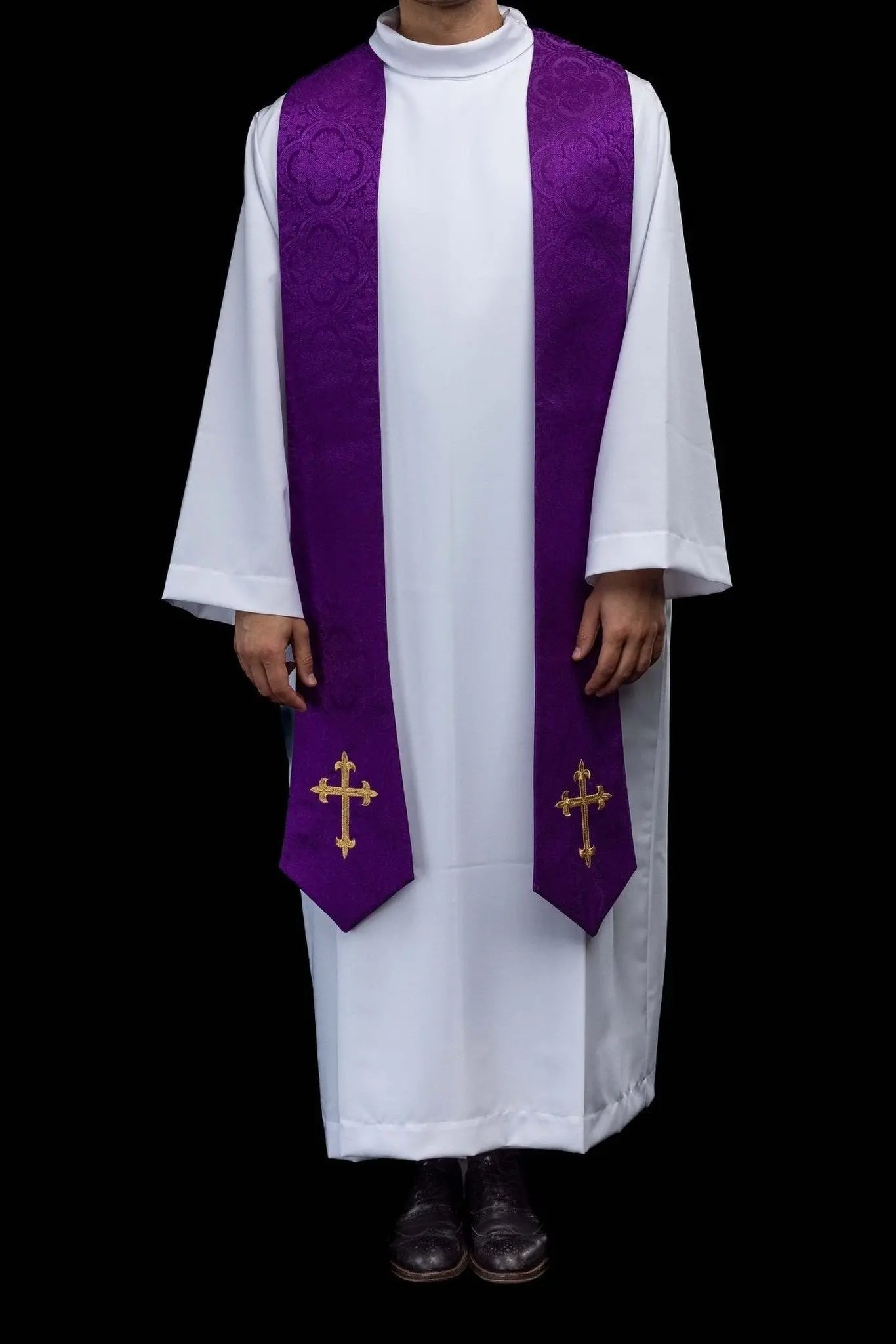 Purple Jacquard Stole with Embroidered Cross Motif - HAFTINA ATELIER