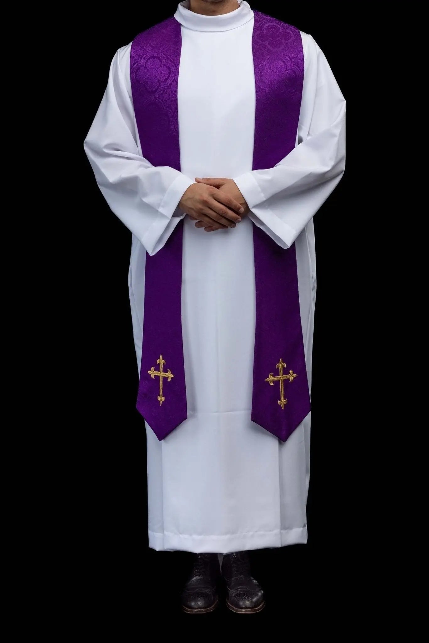 Purple Jacquard Stole with Embroidered Cross Motif - HAFTINA ATELIER