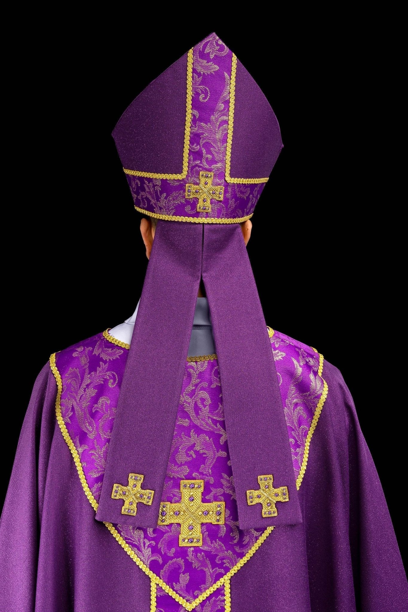Purple mitre with embroidered cross and jacquard fabric - HAFTINA ATELIER
