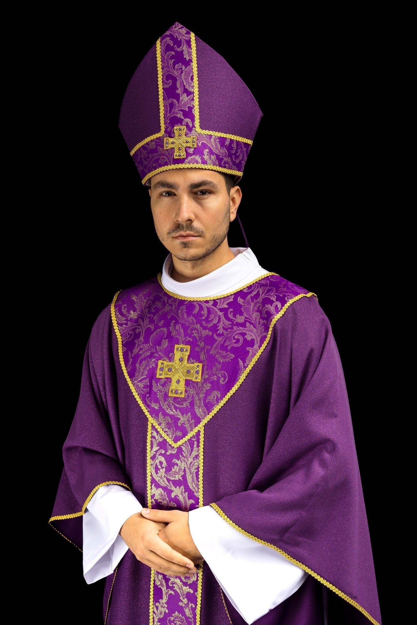 Purple mitre with embroidered cross and jacquard fabric - HAFTINA ATELIER