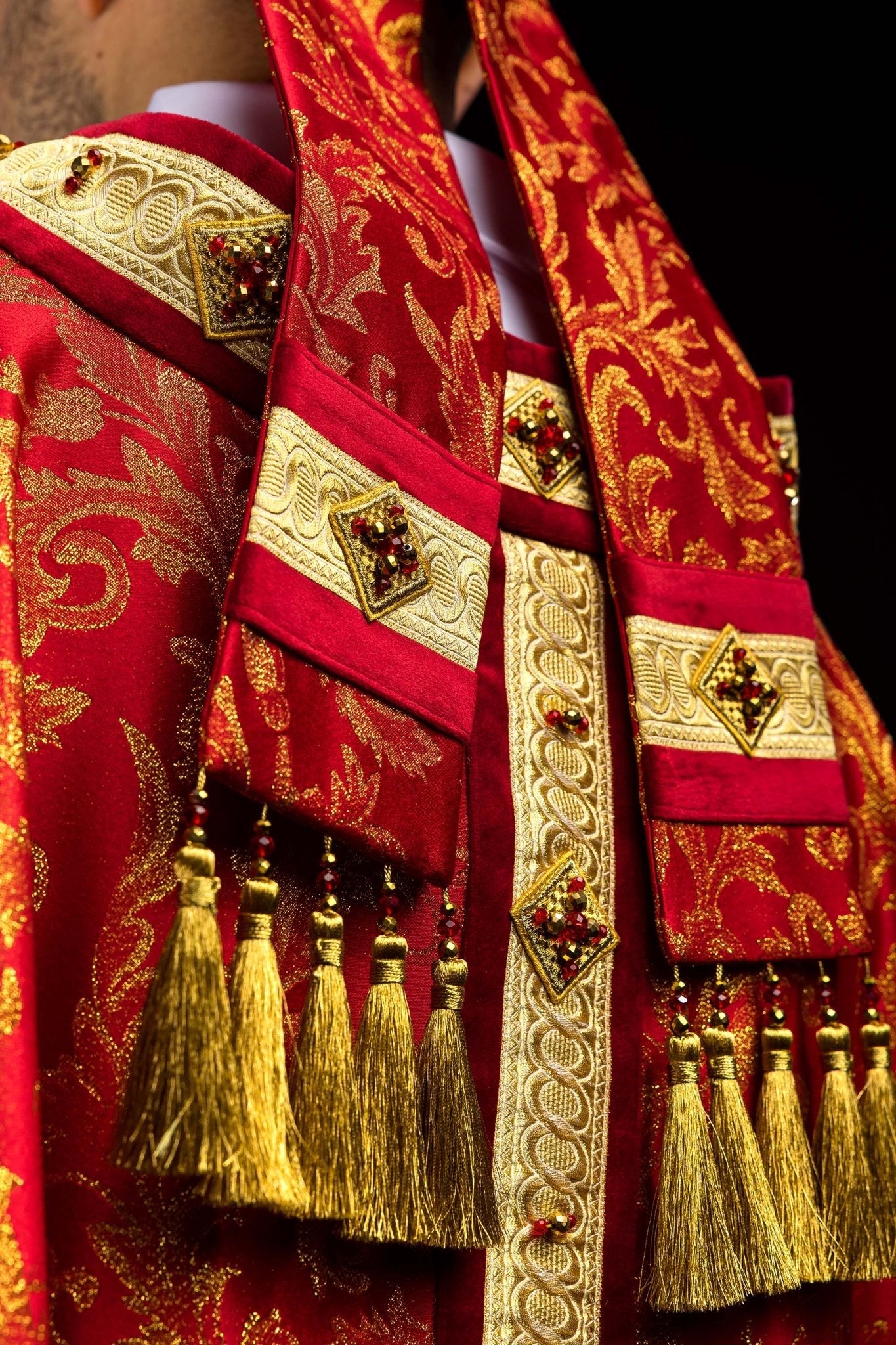 Red Handmade Bishop's Mitre with Natural Stones and Gold Embroidery