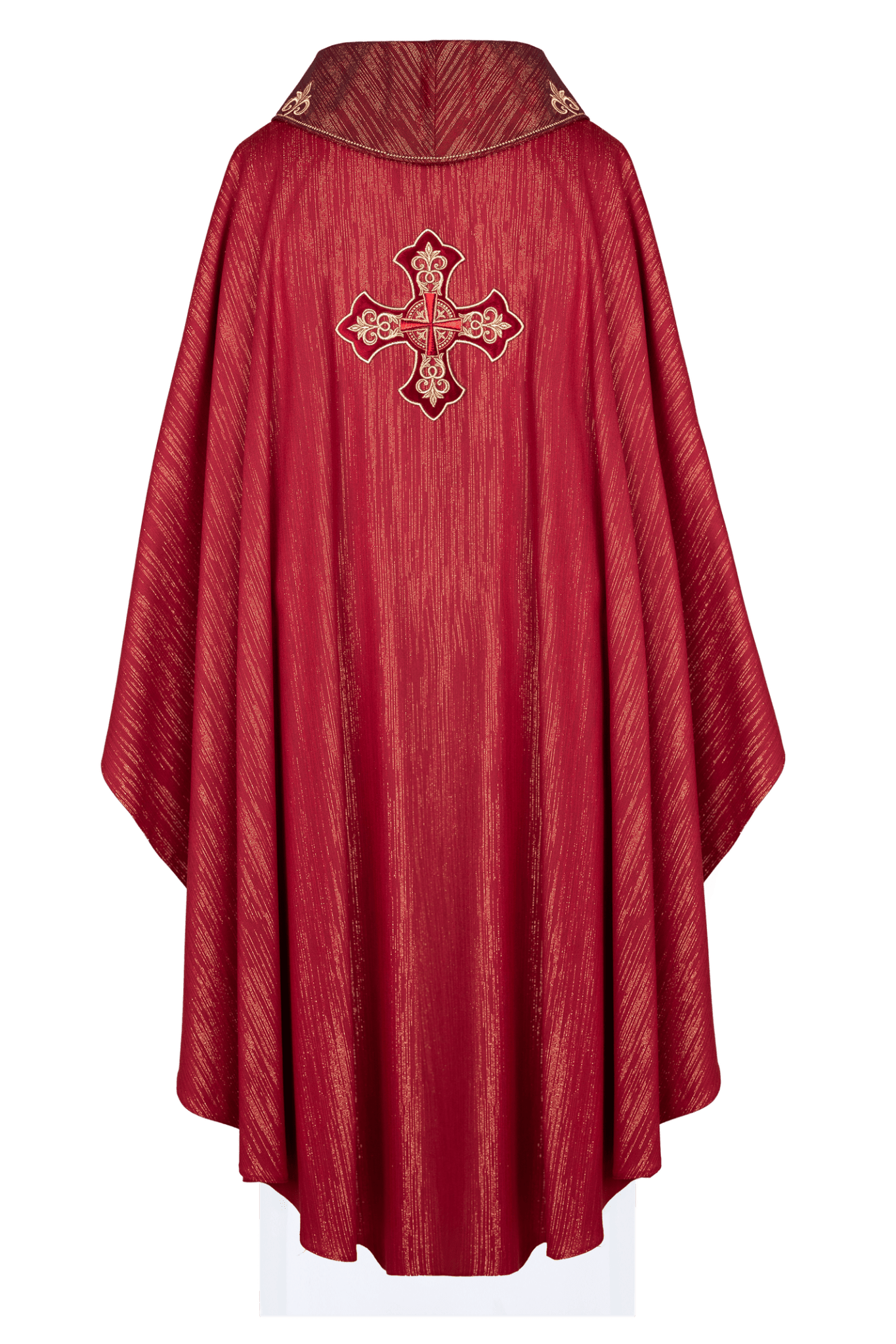 Red chasuble with richly embroidered cross and decorated collar - HAFTINA ATELIER