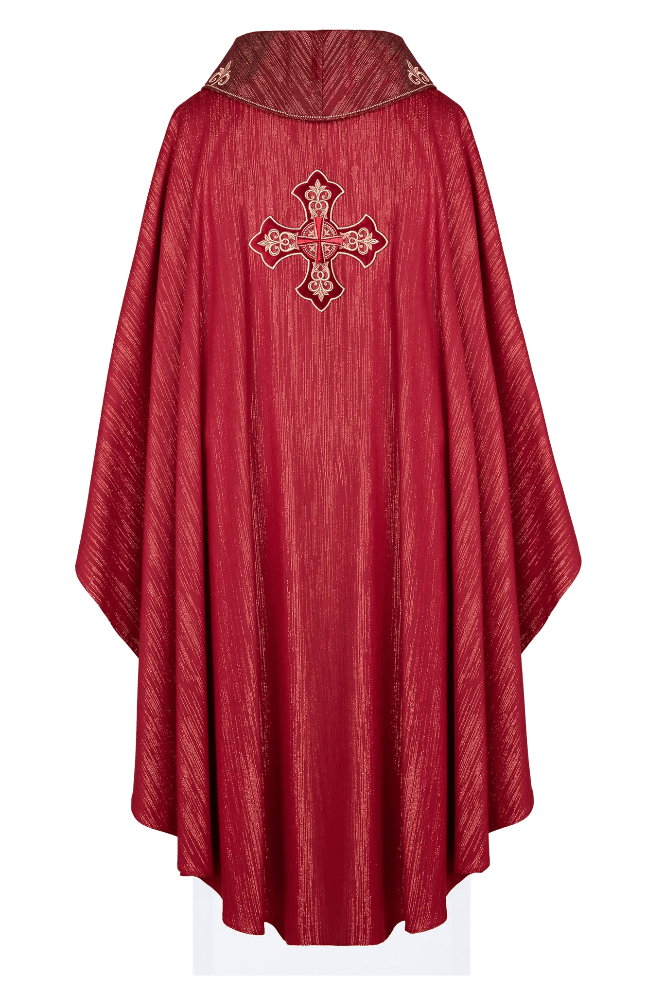 Red chasuble with richly embroidered cross and decorated collar - HAFTINA ATELIER