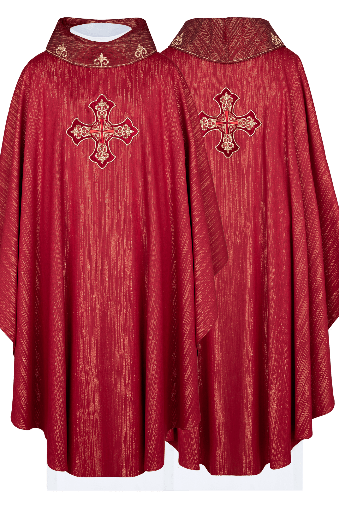 Red chasuble with richly embroidered cross and decorated collar - HAFTINA ATELIER