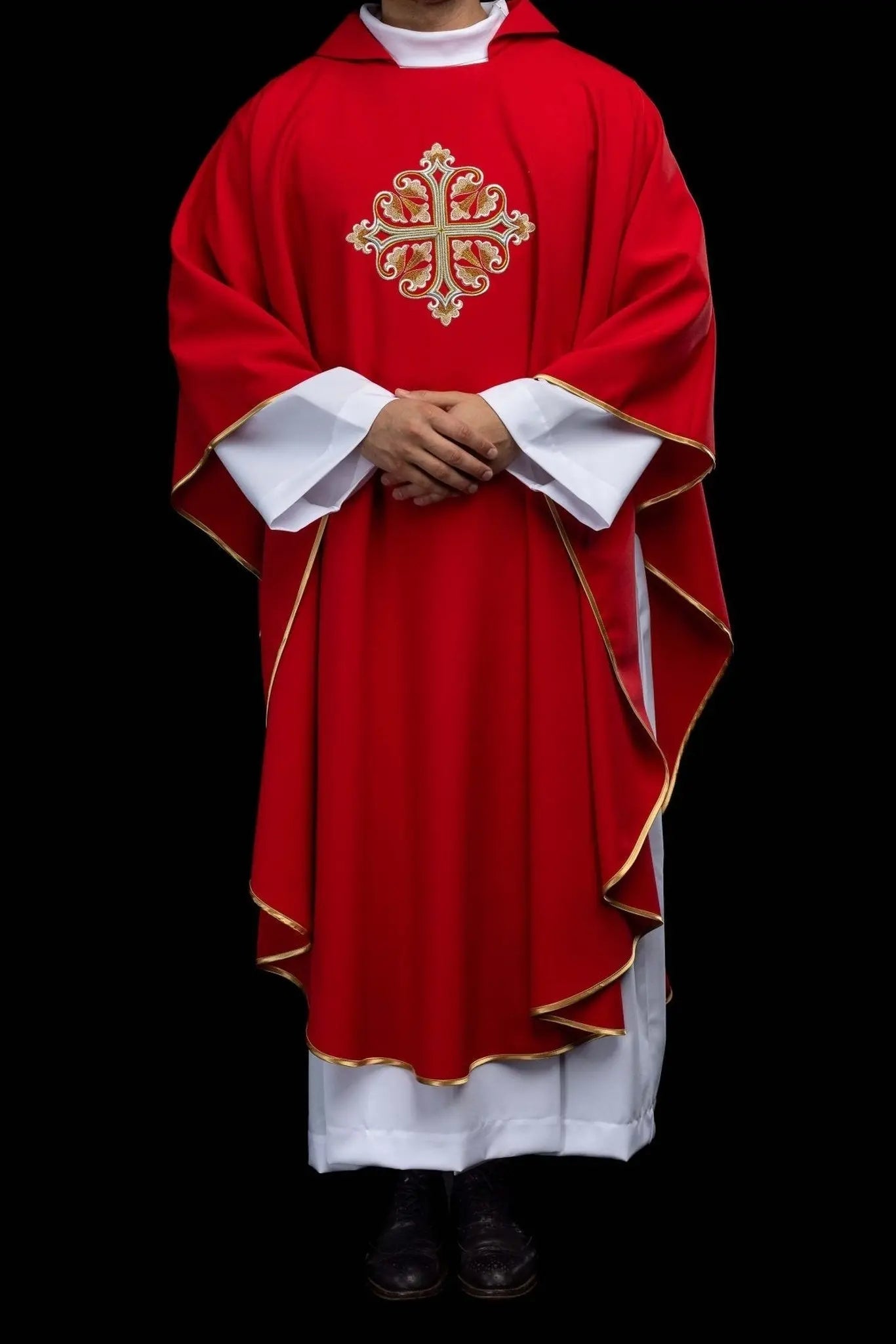Red Embroidered Chasuble with Ornamental Cross and Wide Collar - HAFTINA ATELIER