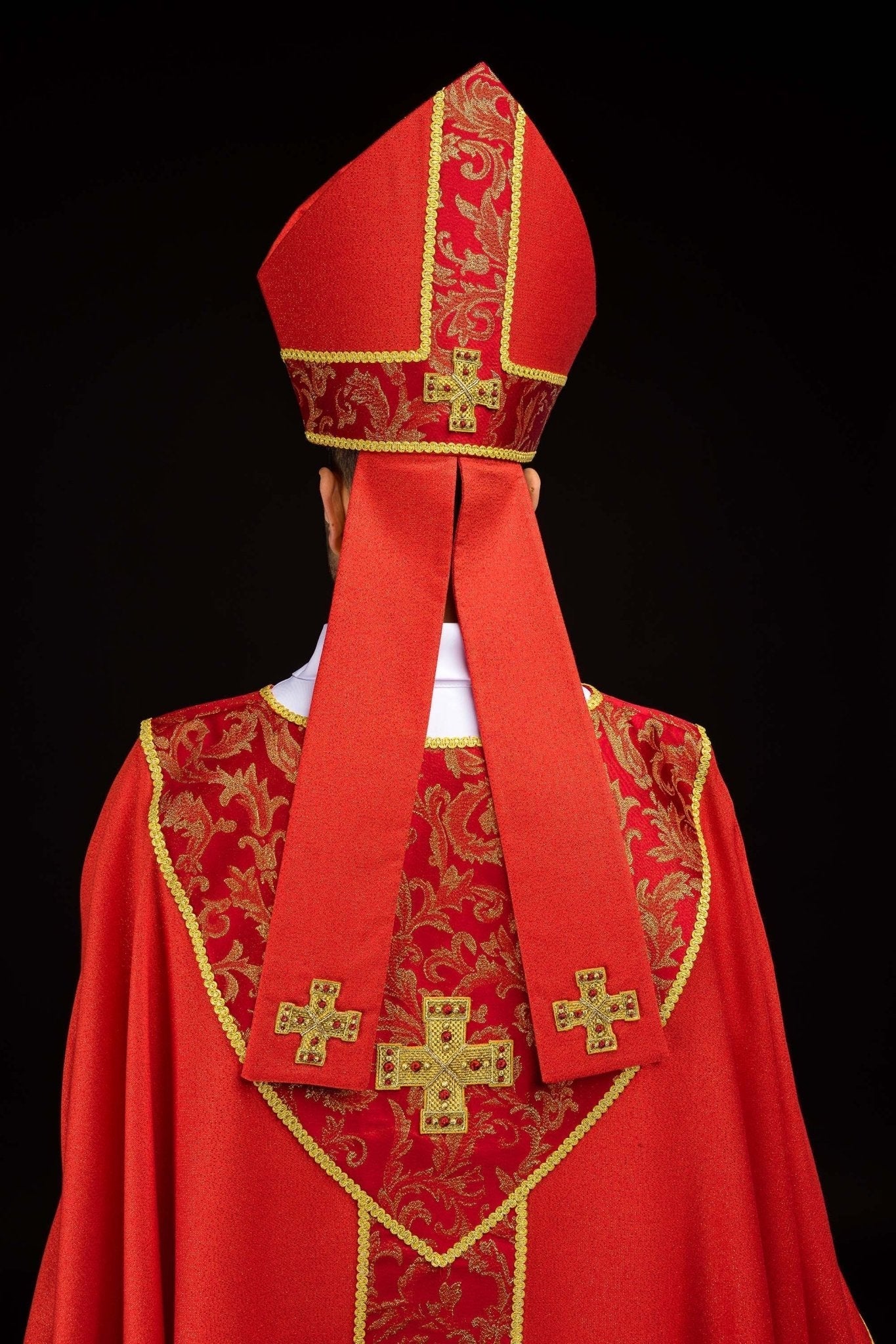 Red Embroidered Mitre with Cross and Jacquard Fabric - HAFTINA ATELIER