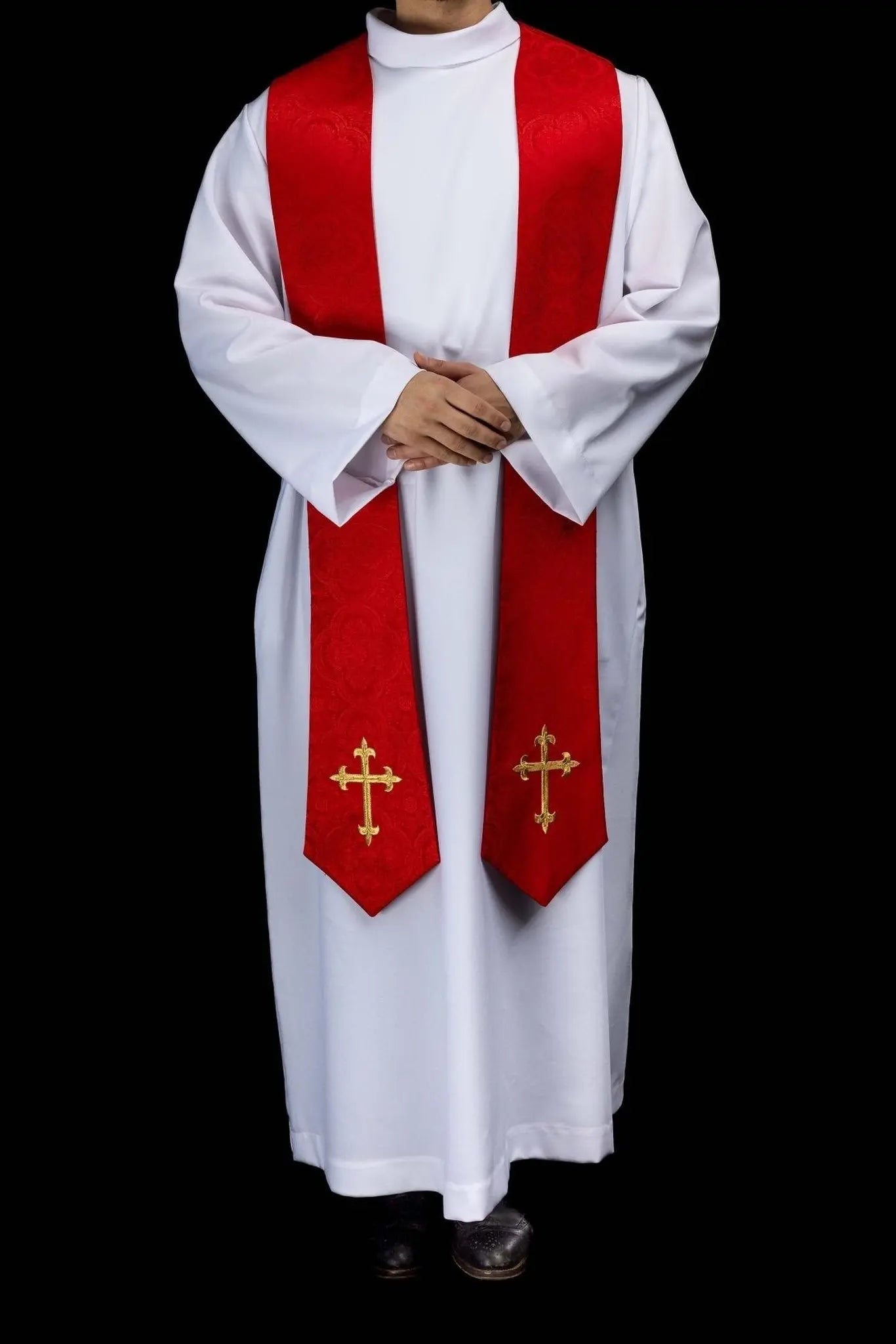 Red Embroidered Stole with Cross Motif, Jacquard Fabric - HAFTINA ATELIER