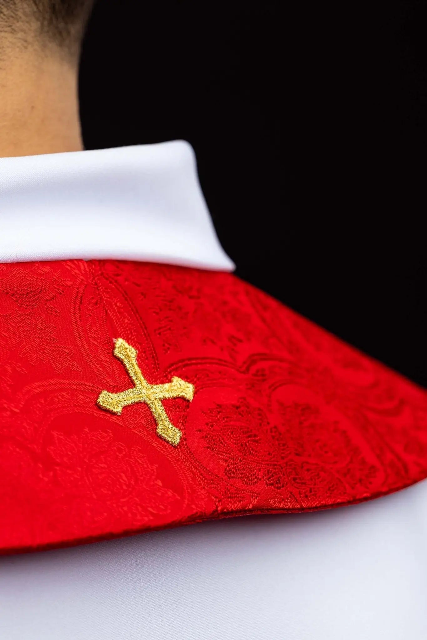 Red Jacquard Stole with Embroidered Cross - HAFTINA ATELIER