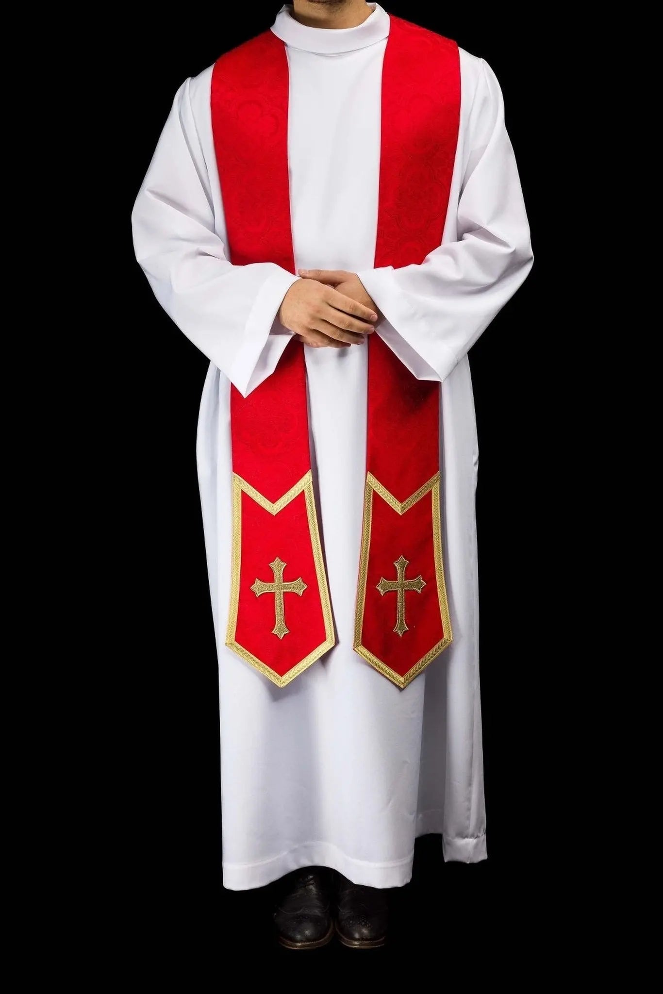 Red Jacquard Stole with Embroidered Cross - HAFTINA ATELIER