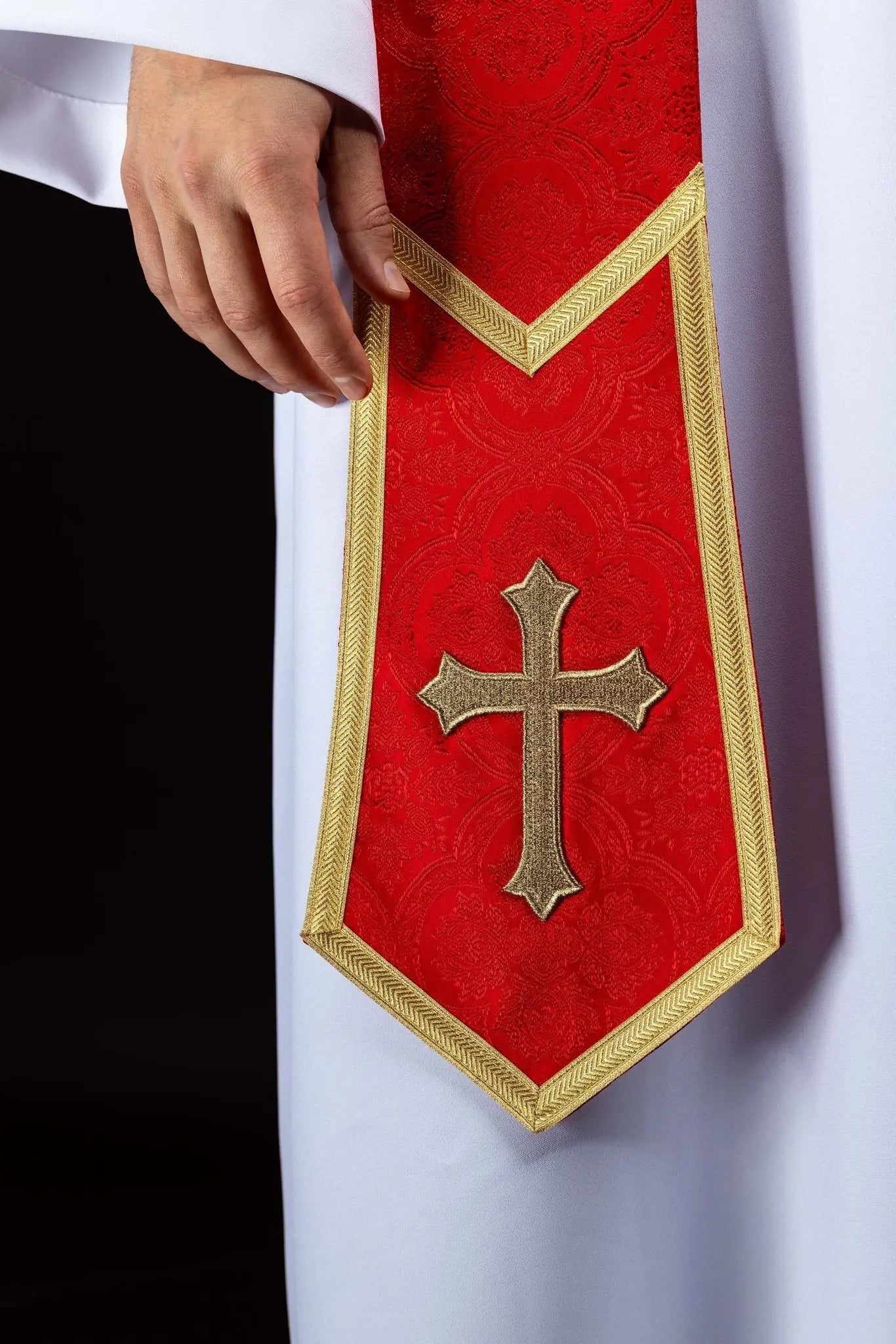 Red Jacquard Stole with Embroidered Cross - HAFTINA ATELIER
