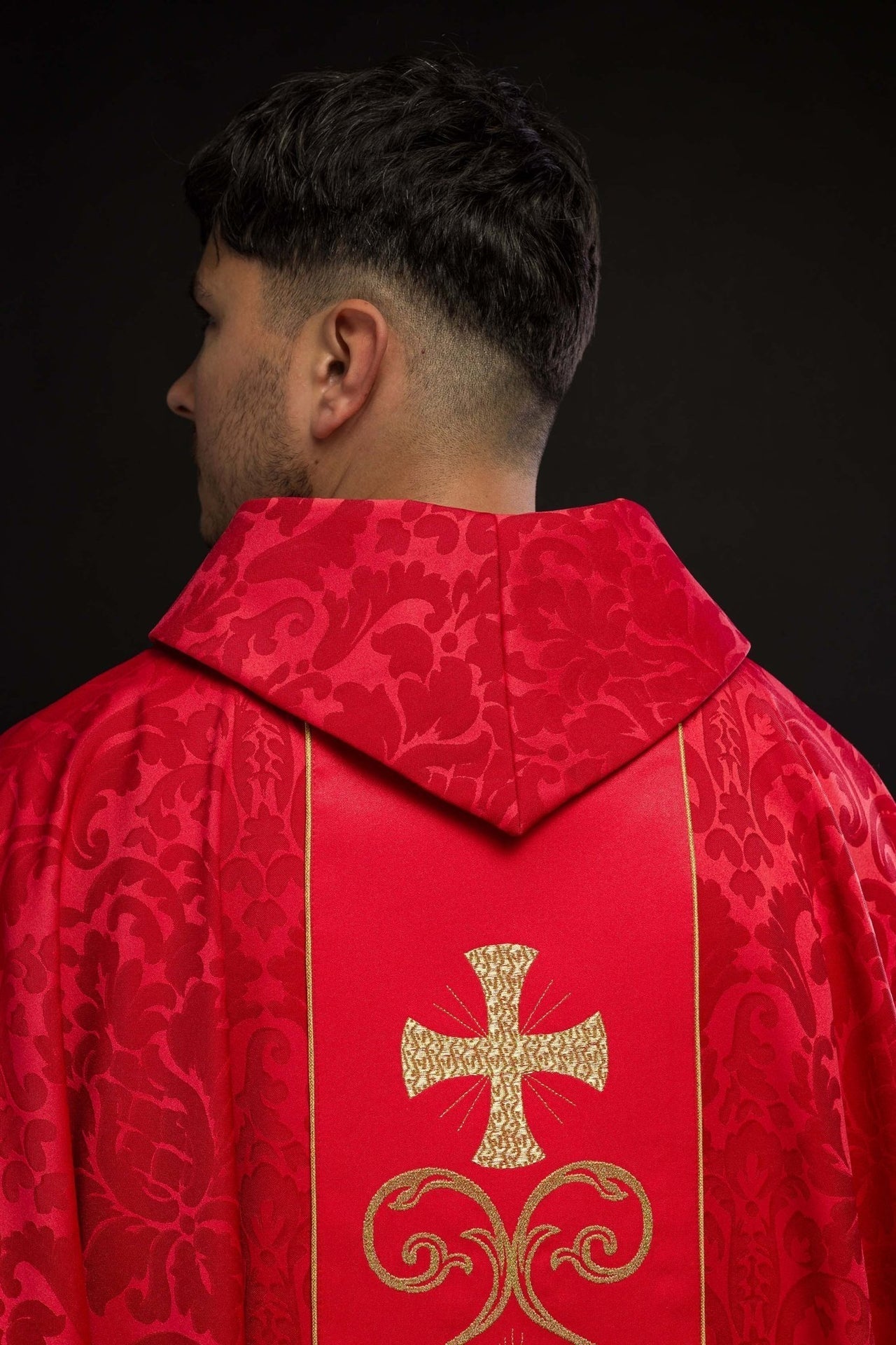 Red Liturgical Chasuble with Embroidered Band - HAFTINA ATELIER