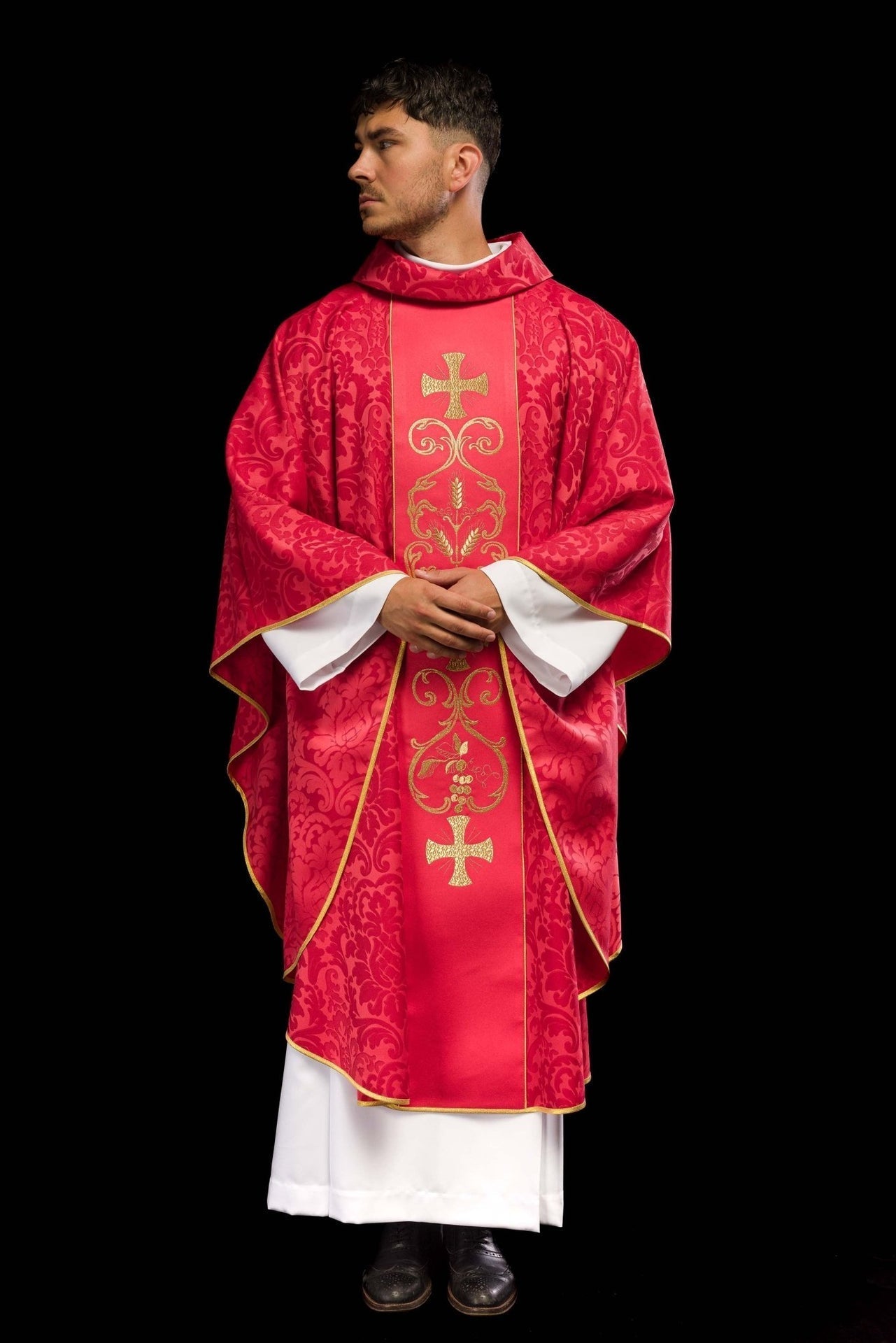 Red Liturgical Chasuble with Embroidered Band - HAFTINA ATELIER