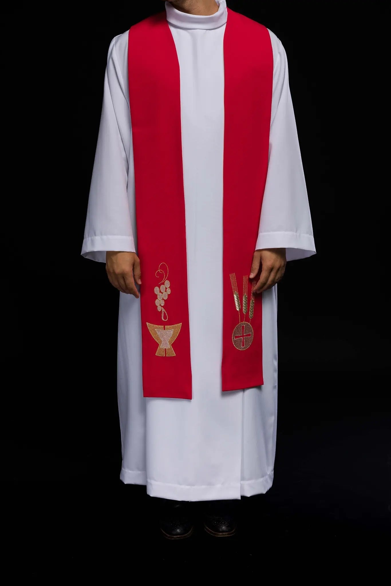 Red priestly stole with Chalice, Wheat, and Grapes embroidery - HAFTINA ATELIER