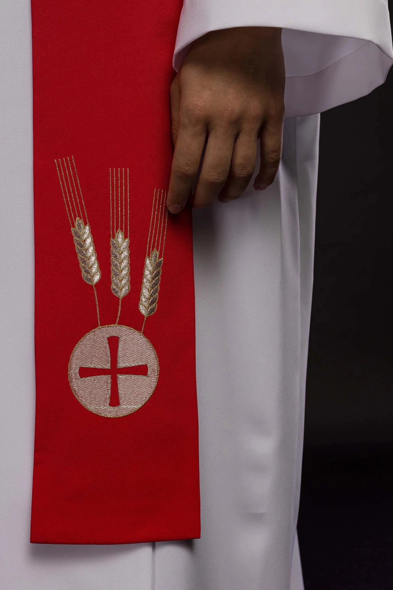 Red priestly stole with Chalice, Wheat, and Grapes embroidery - HAFTINA ATELIER