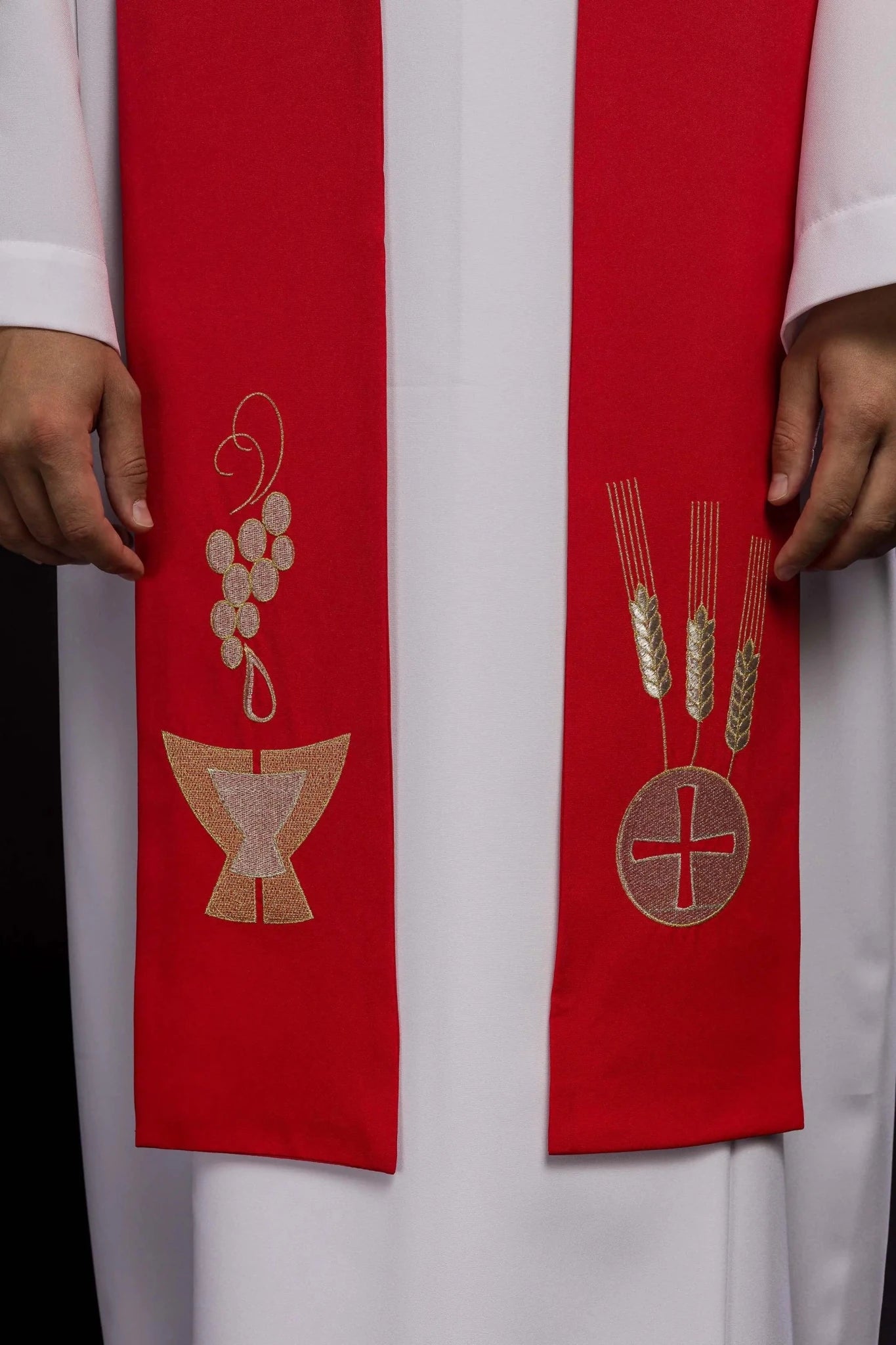 Red priestly stole with Chalice, Wheat, and Grapes embroidery - HAFTINA ATELIER