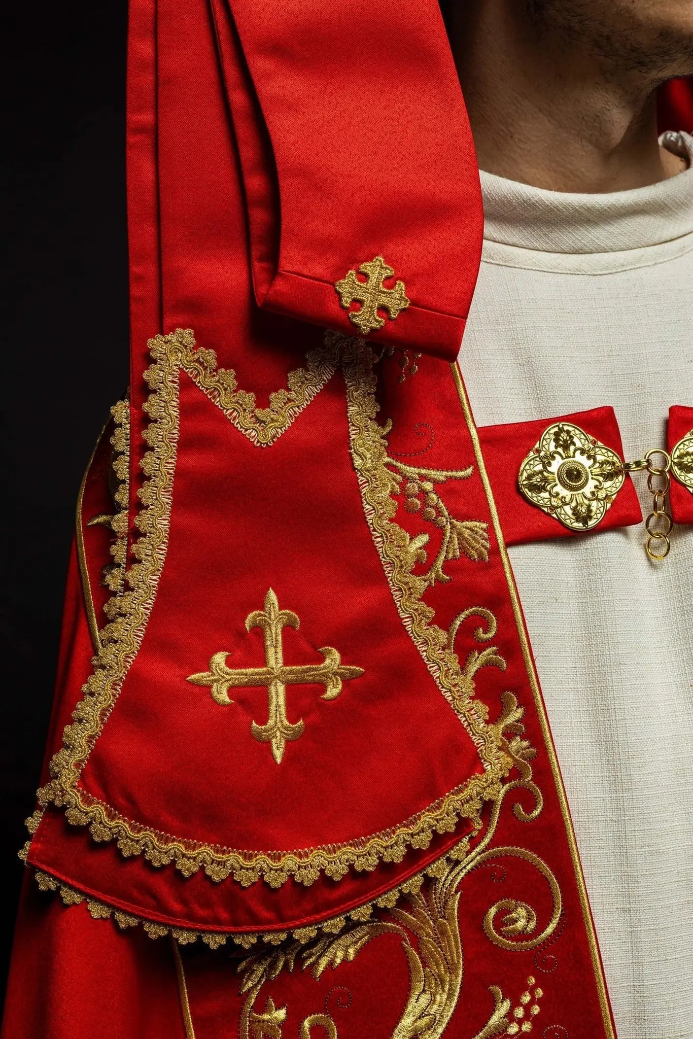 Roman Satin Cope – Red with Embroidered Sacred Heart of Jesus