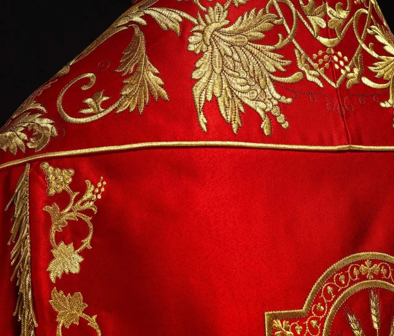 Roman Satin Cope – Red with Embroidered Sacred Heart of Jesus