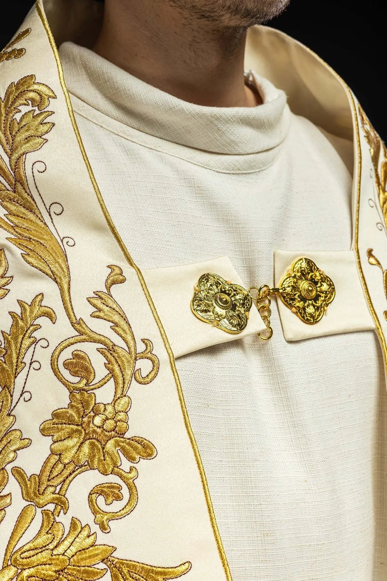 Roman Satin Cope – Ecru with Embroidered Eucharistic Chalice