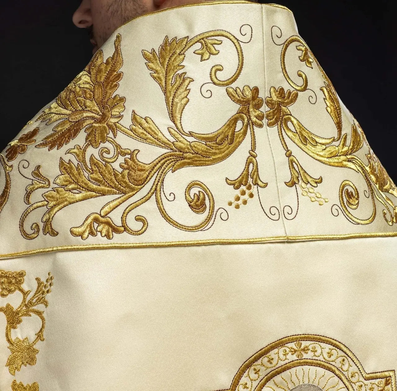Roman Satin Cope – Ecru with Embroidered Eucharistic Chalice