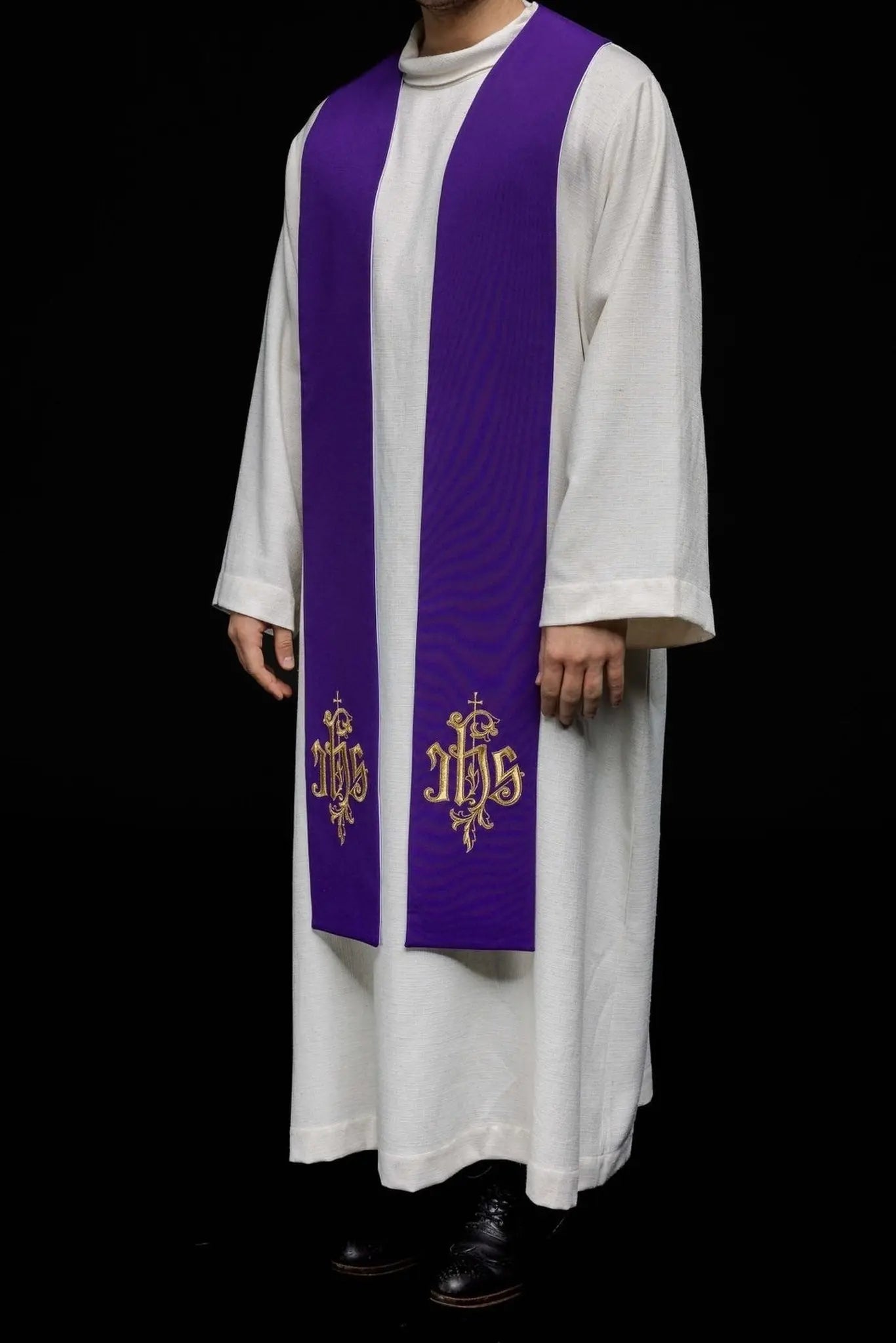 Double-sided embroidered stole IHS purple and white