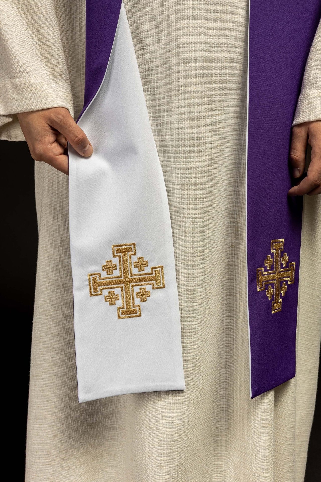 Stuła dwustronna Krzyż Jerozolimski fioletowo - biała