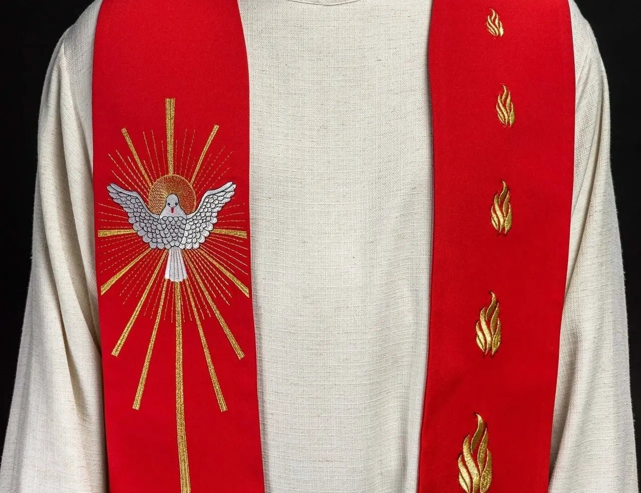 Étole brodée Esprit Saint et Langues de Feu Rouge