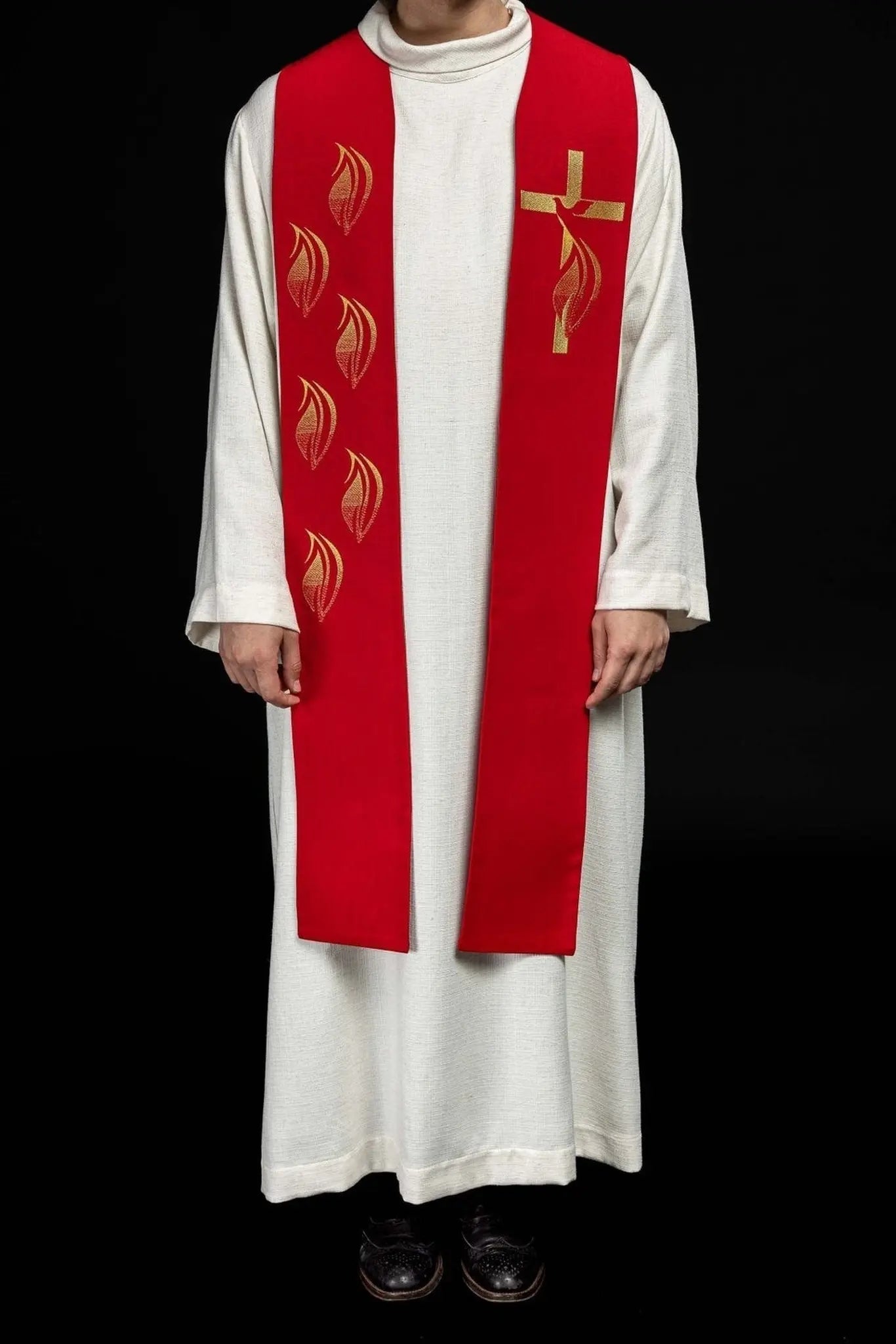 Étole brodée Esprit Saint, croix et langues de feu Rouge