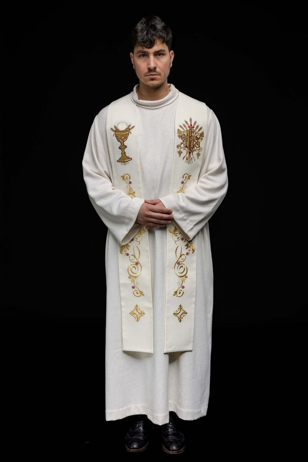 Stuła haftowana IHS i kielich ecru