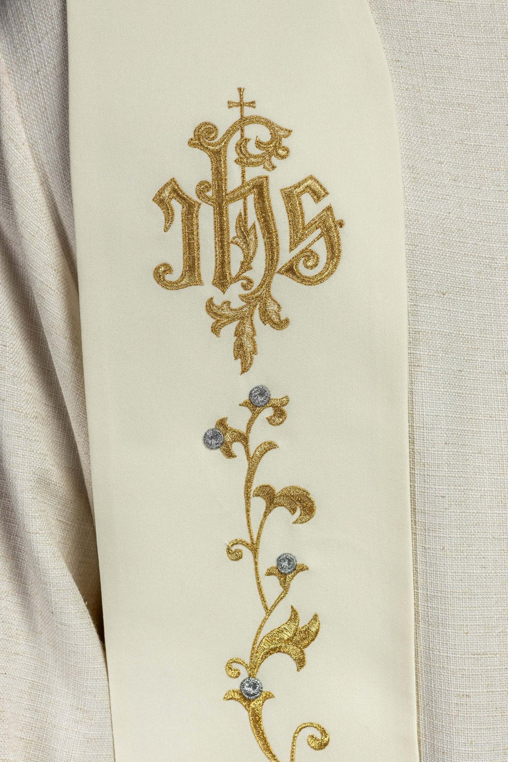 Stuła haftowana IHS na krzyżu ecru